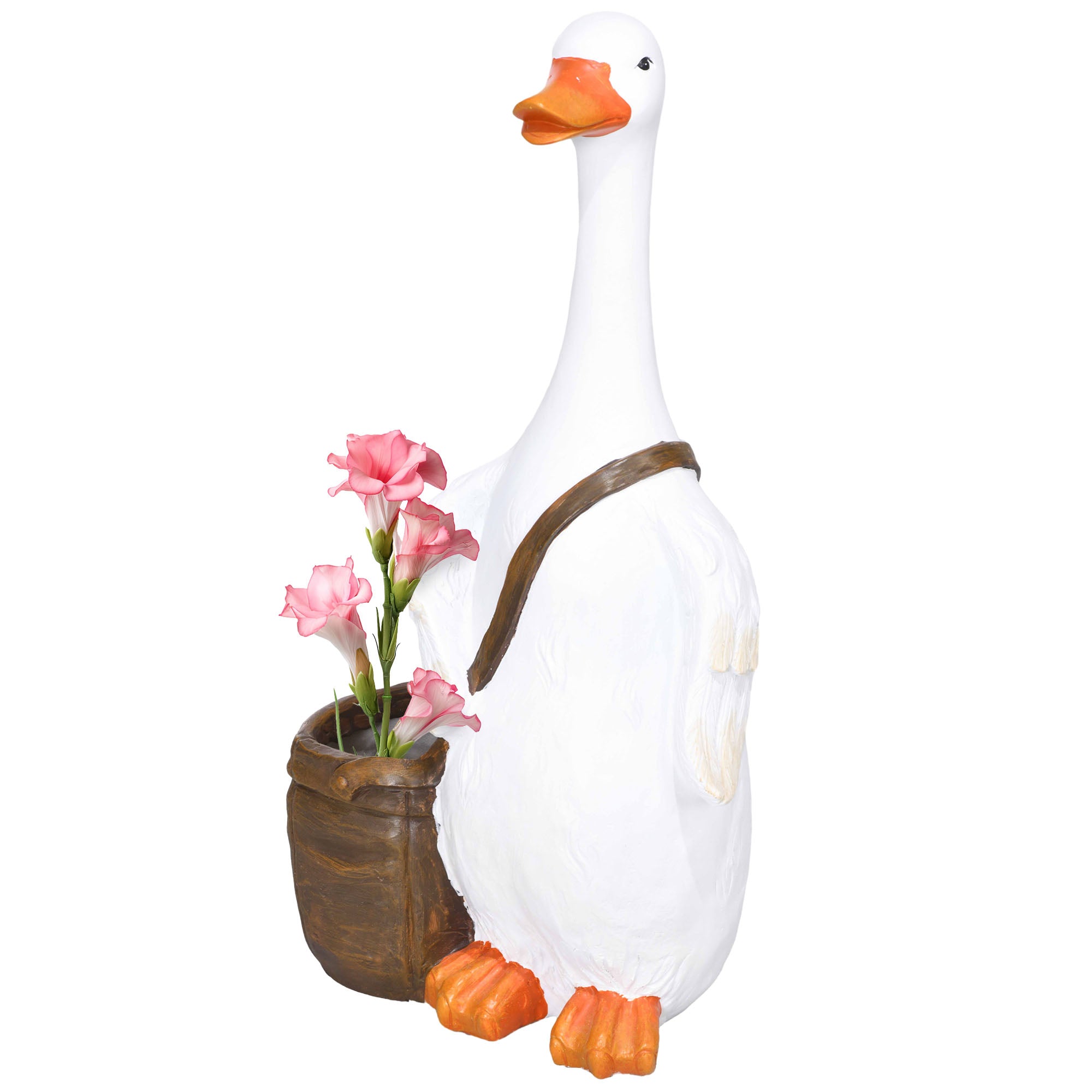 Outsunny Blumentopf, Schwan mit Umhängetasche, wetterfest, 32 x 18 x 60 cm, Weiß, Braun