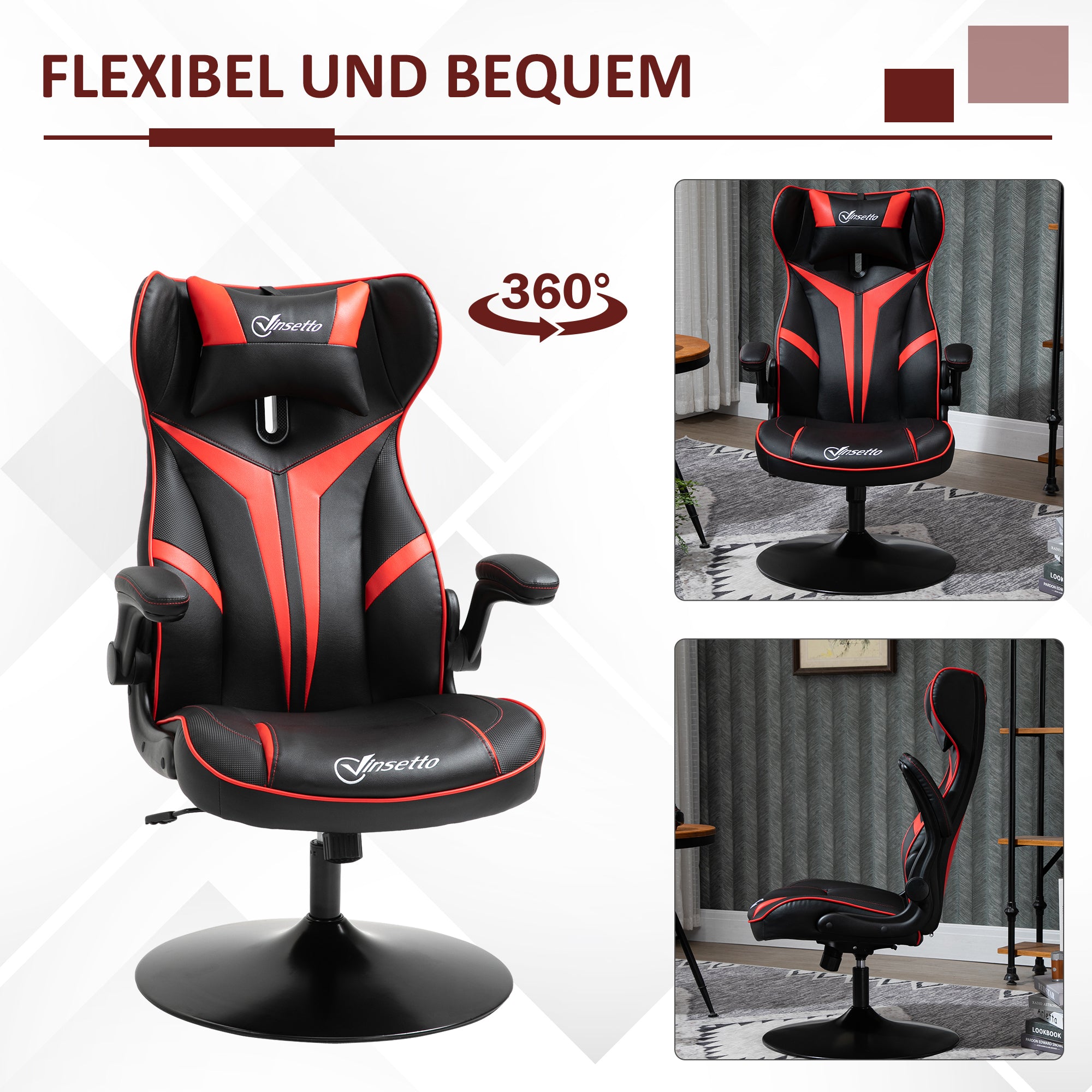 Vinsetto Gaming Stuhl ergonomischer Computerstuhl mit Wippfunktion Drehstuhl höhenverstellbar Stahl Schwarz+Rot 67 x 70 x 106-112 cm
