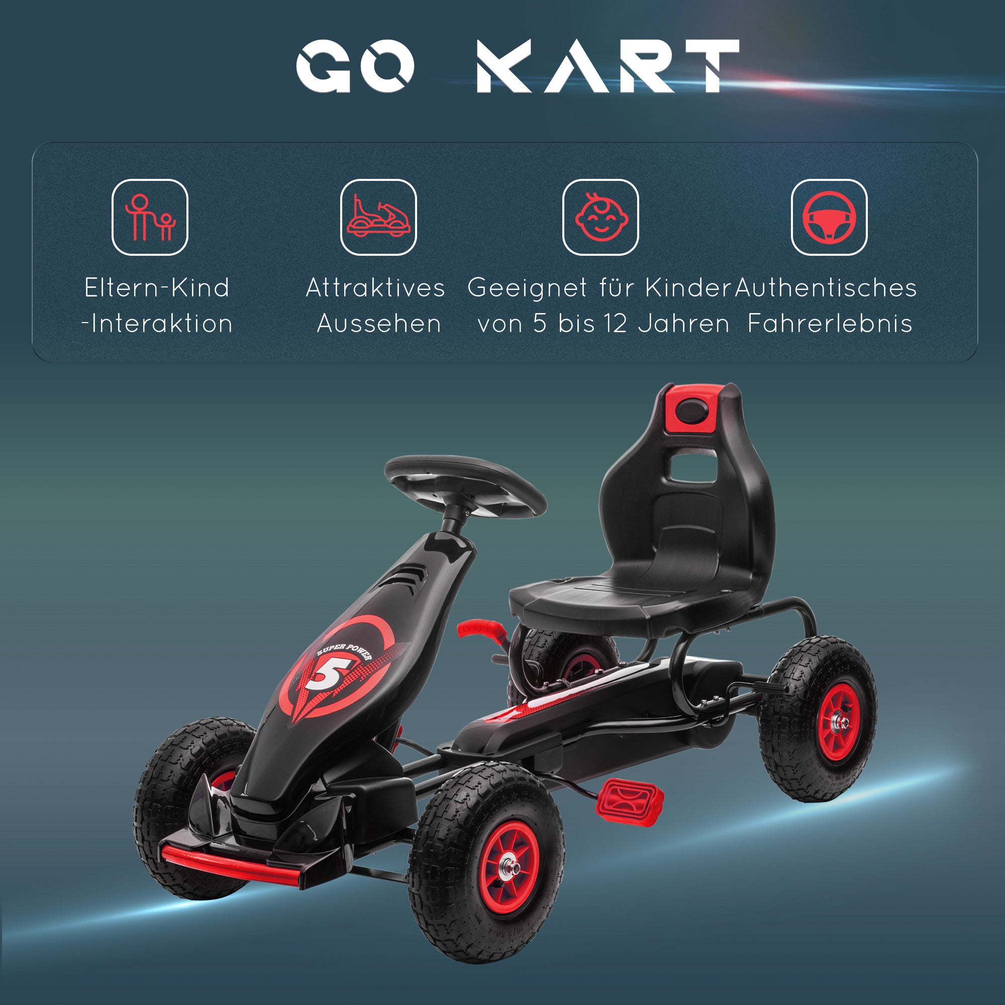 HOMCOM Kinder-Gokart, mit Pedalen, verstellbarem Sitz, In- und Outdoor, ab 5 Jahren, Rot+schwarz, 121 x 58 x 61 cm