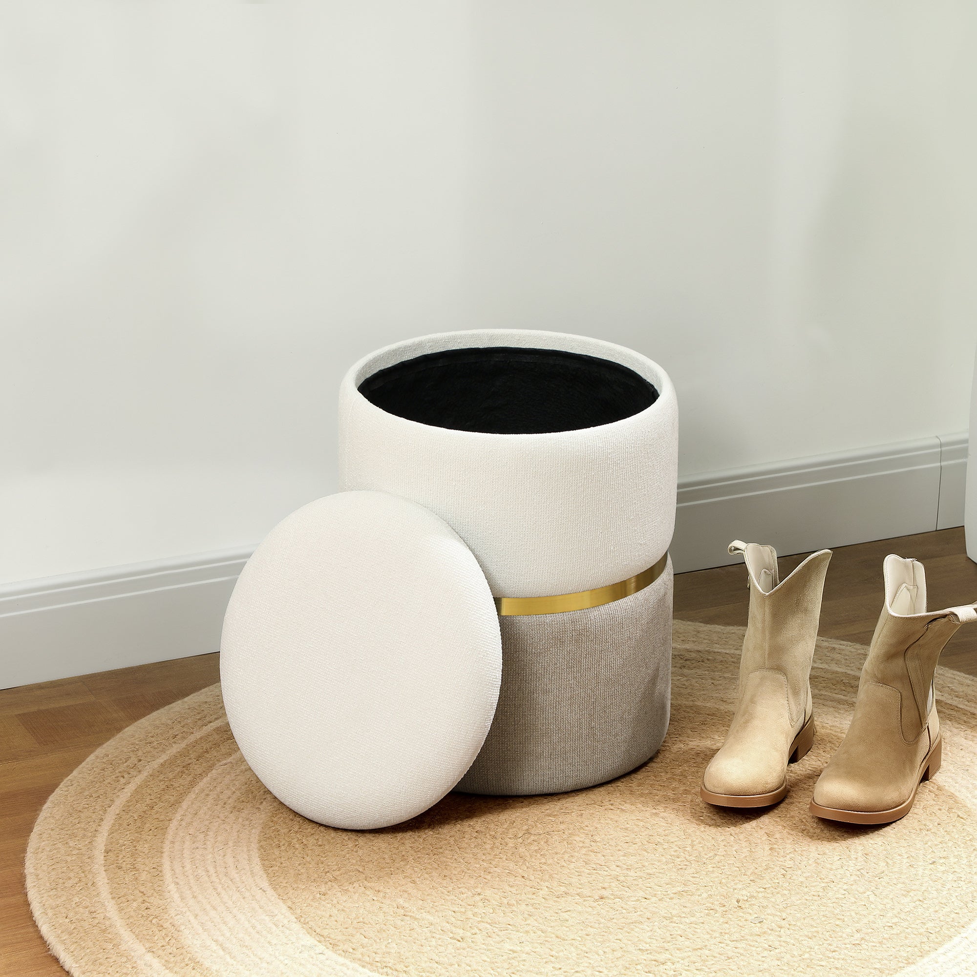 HOMCOM Sitzhocker mit Stauraum Hocker mit Deckel, Metallring, zweifarbig Design 36 x 36 x 44 cm Cremeweiß