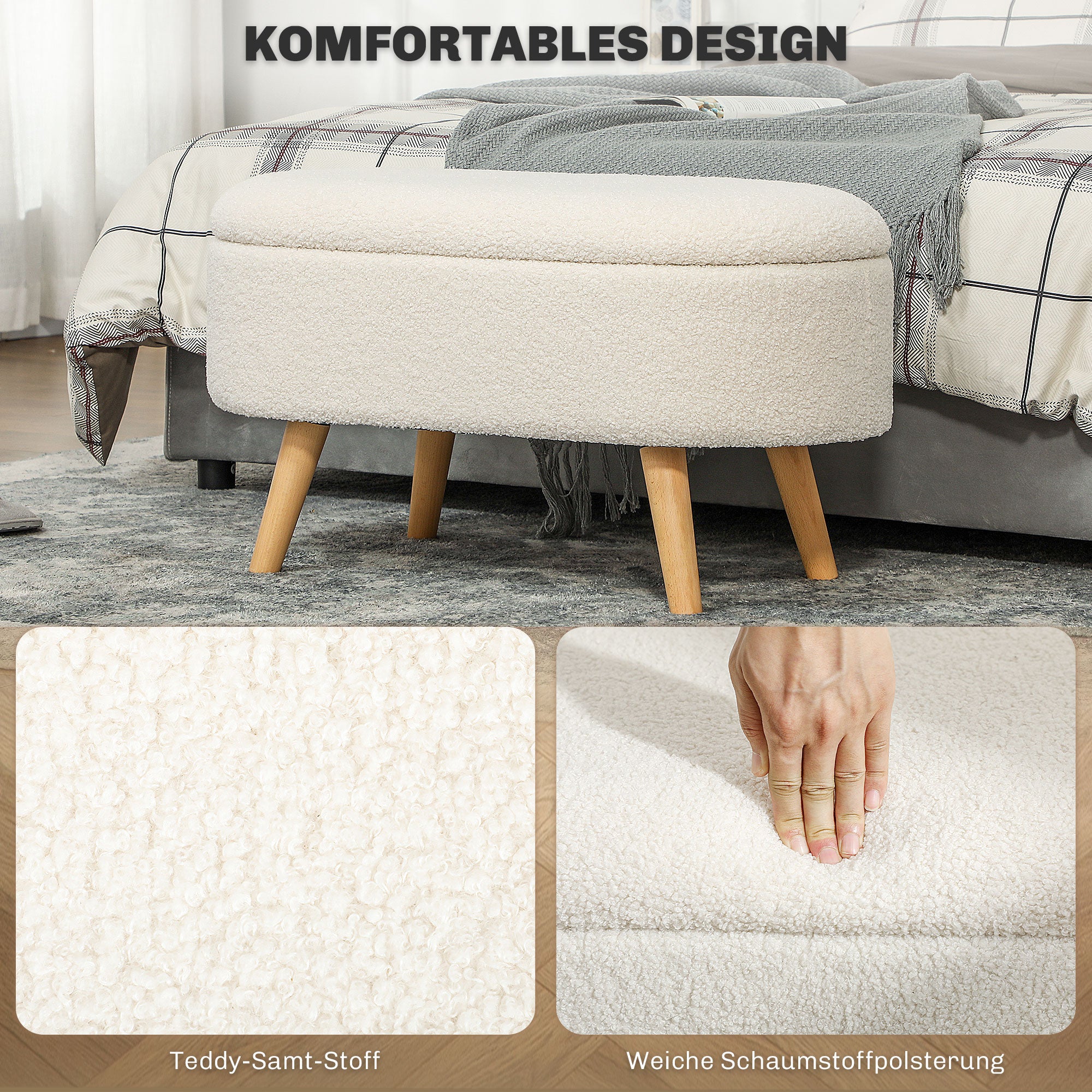 HOMCOM Sitzbank mit Stauraum und Deckel, Fußhocker für Flur, Wohnzimmer, Schlafzimmer, Holz, Stoffbezug, Weiß