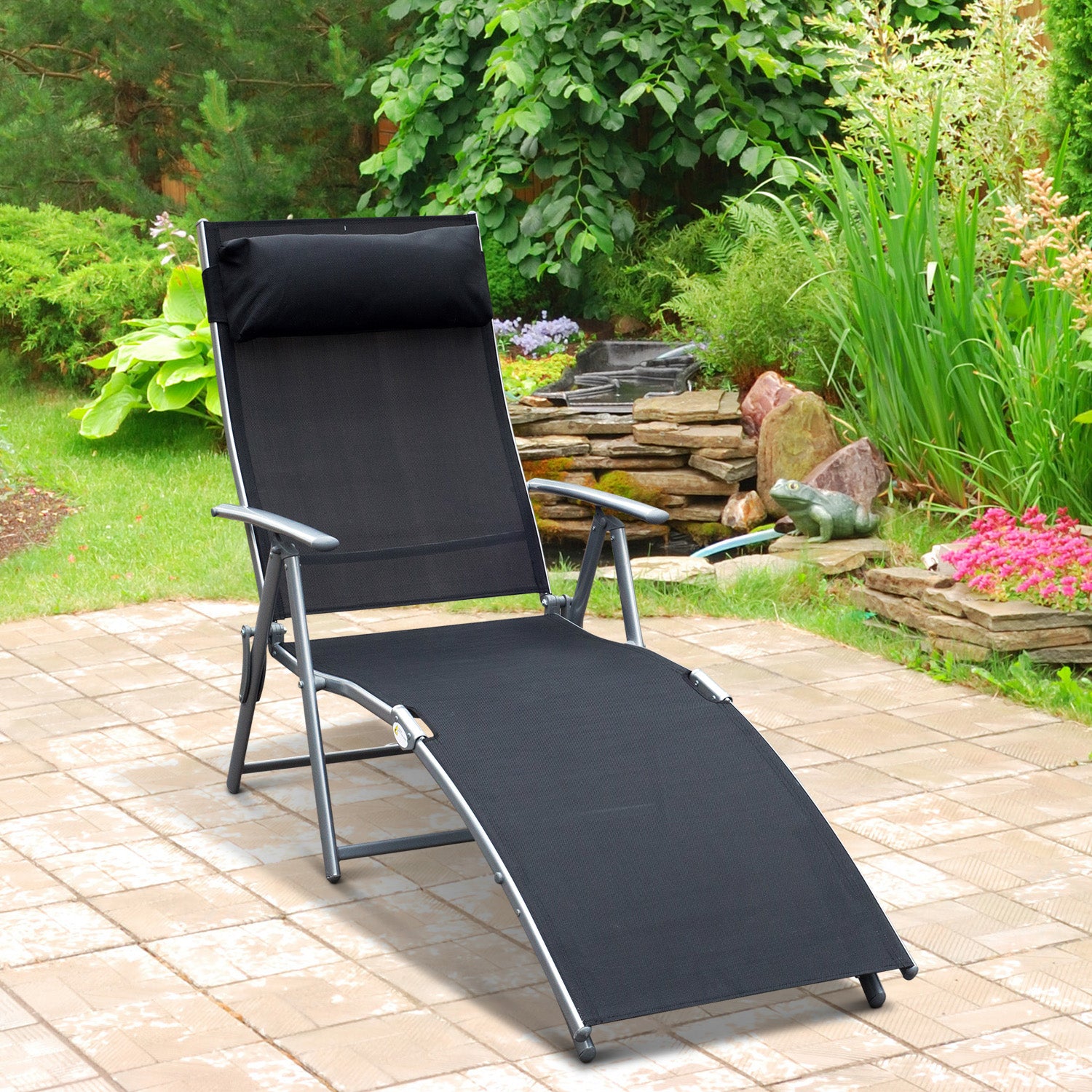 Outsunny Sonnenliege klappbar Strandliege mit Kissen Liegestuhl mit 7-Fach verstellbare Rückenlehne Gartenliege Relaxliege Gartenstuhl bis 165 kg belastbar, für Garten Urlaub Outdoor, Schwarz