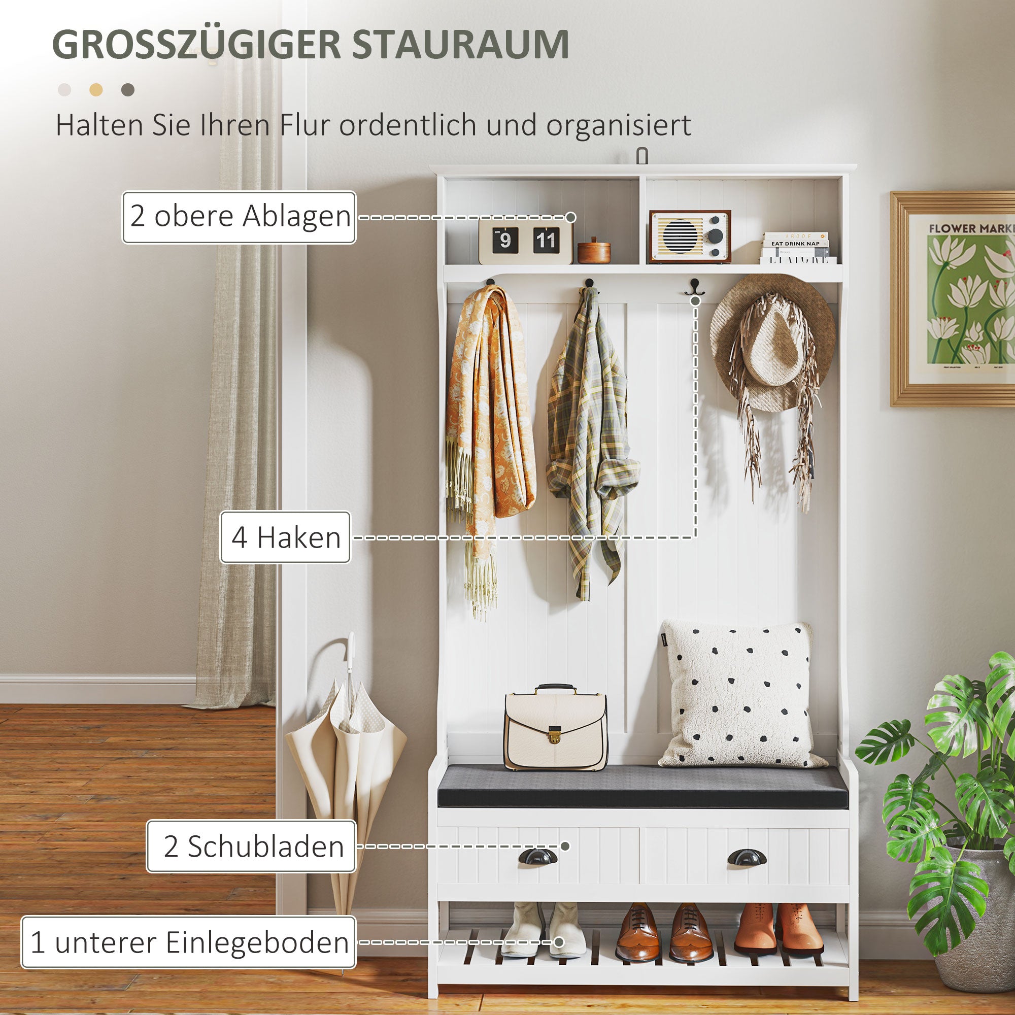 HOMCOM Garderobenständer mit Haken, Garderobe mit Schuhbank, für Eingangsbereich, Flur, Metall, MDF, Weiß+Grau