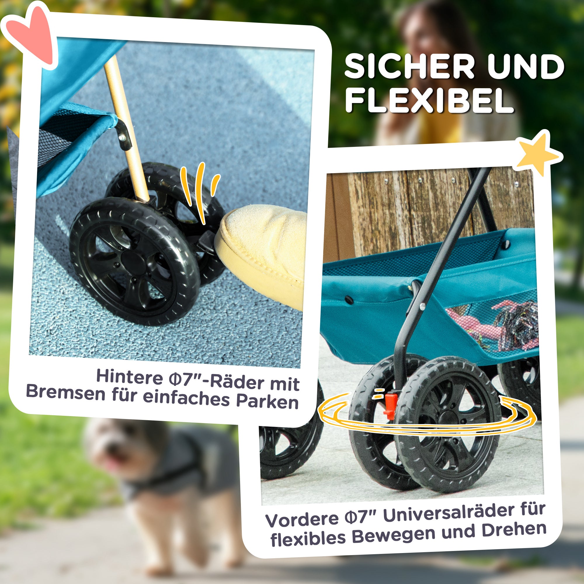 PawHut 3-in-1-Haustierkinderwagen, zusammenklappbarer Hundewagen mit 4 Rädern und abnehmbarer Trage für Hunde und Katzen Türkis