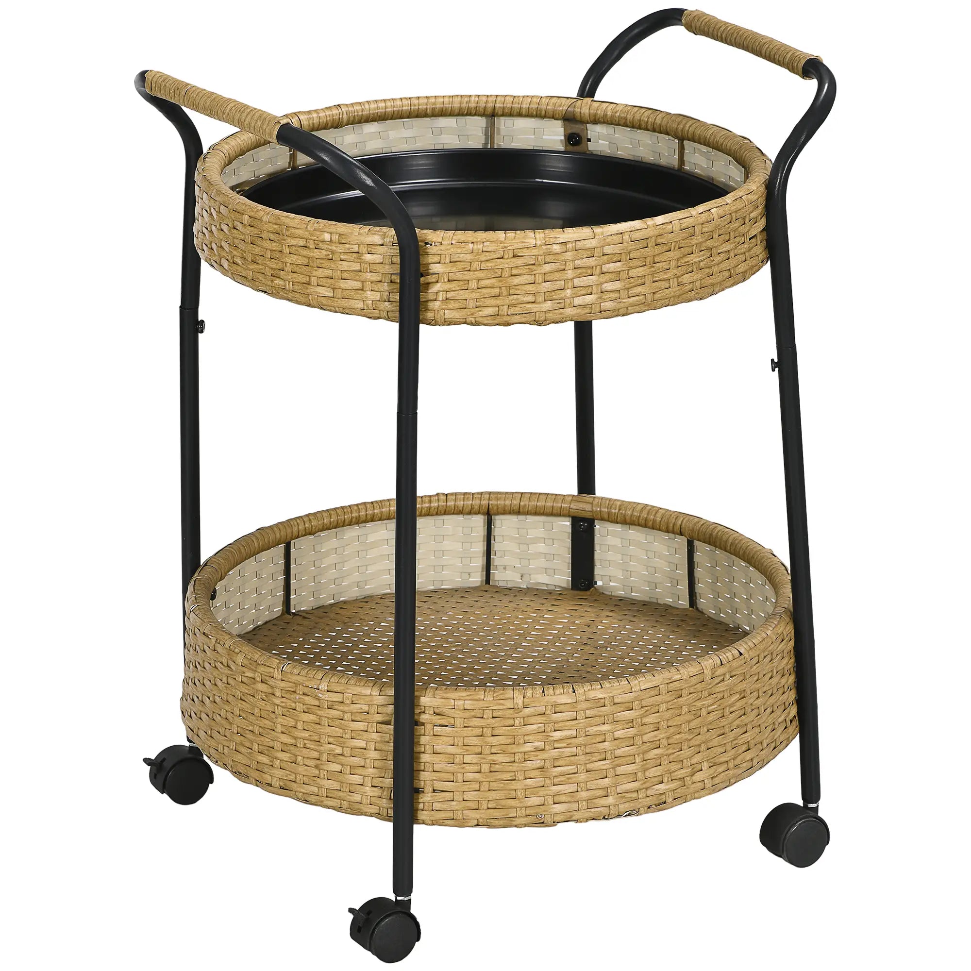 Outsunny Outdoor Servierwagen, 2 Etagen, Bremsen, Polyrattan, Metallrahmen, Φ50 x 66H cm, Gelb