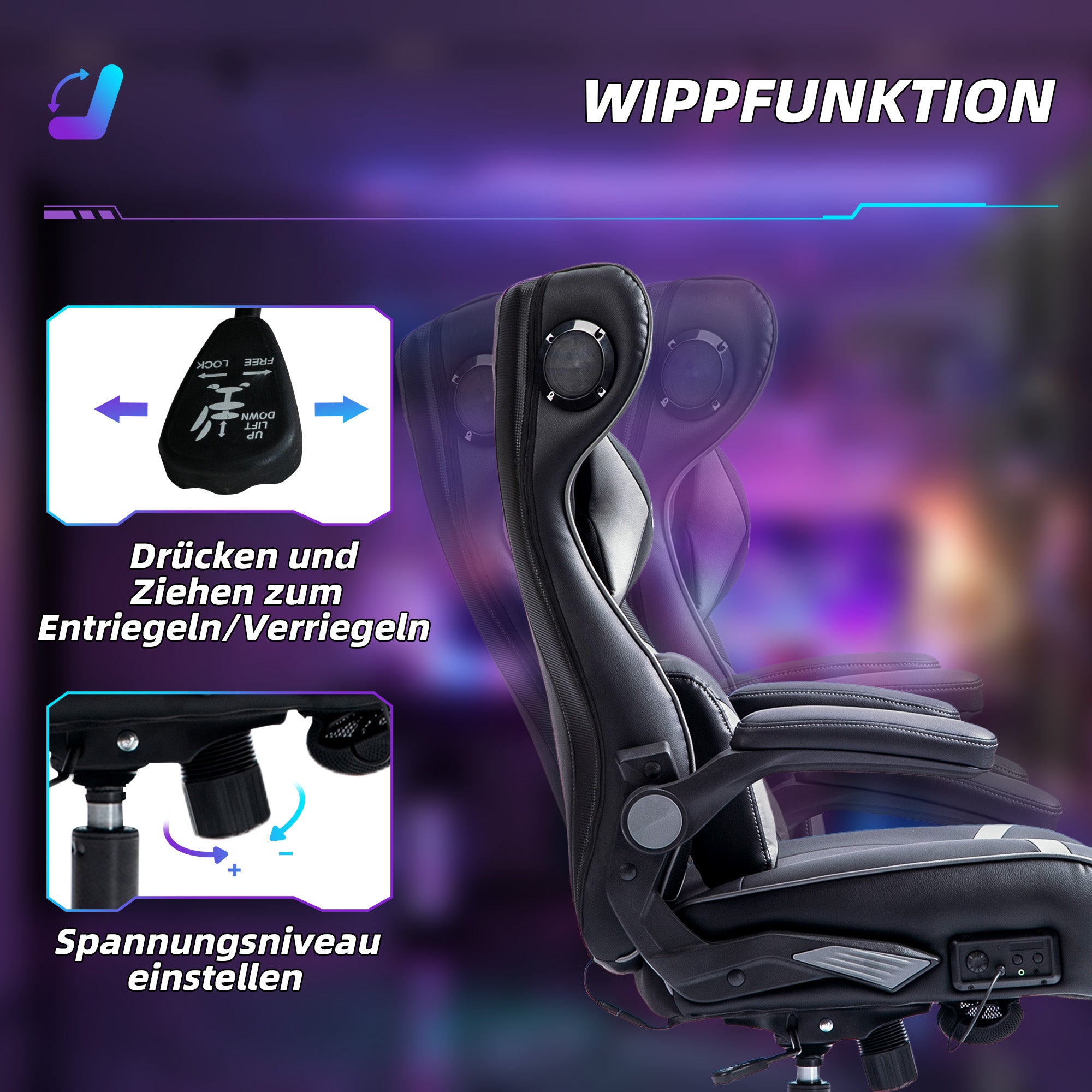 Vinsetto Gaming Stuhl mit Schaukelfunktion und Lautsprecher, Lenden- und Nackenstütze, für Spielzimmer, Kunstleder, Grau+Schwarz