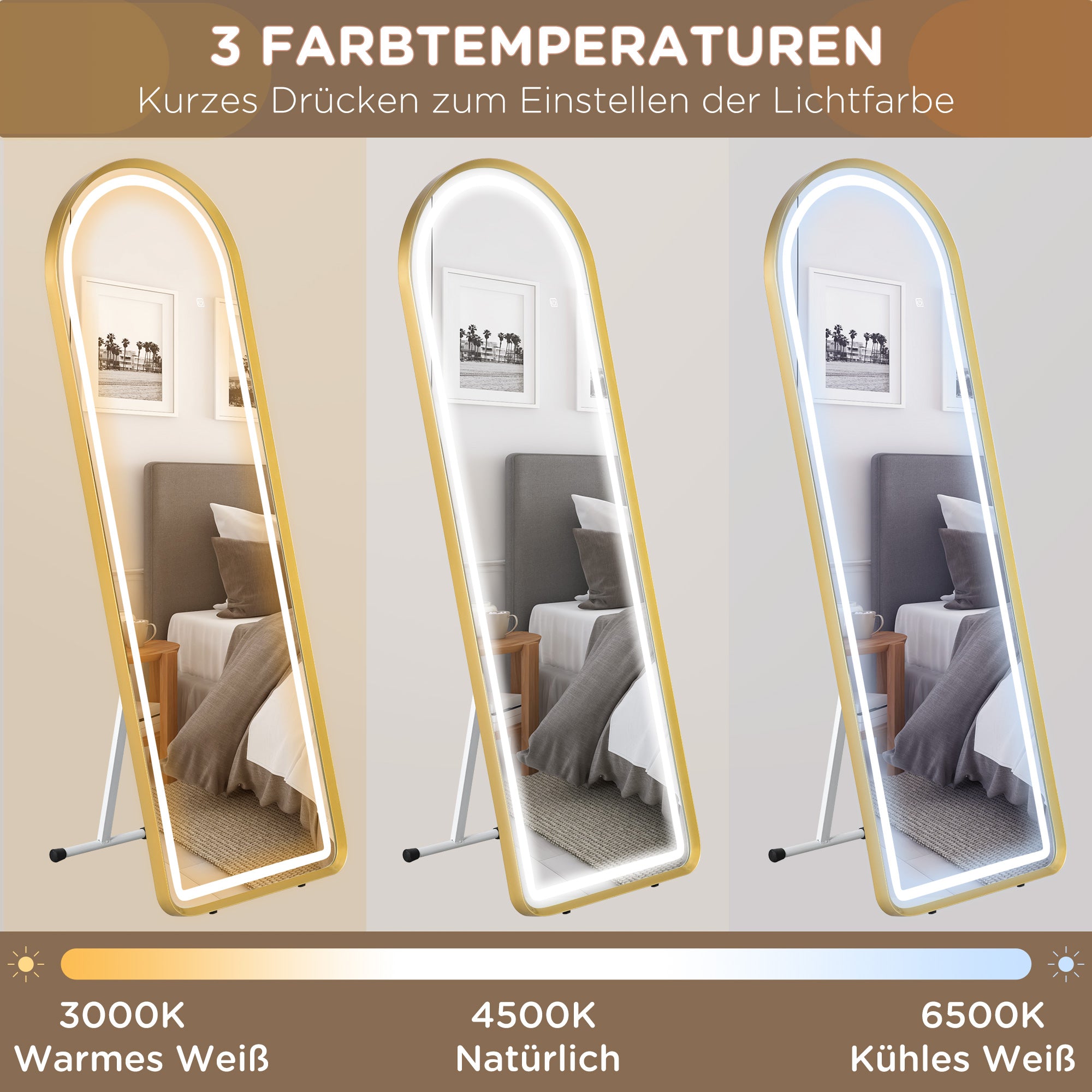 HOMCOM Standspiegel Wandspiegel Ganzkörperspiegel inklusive Wandbefestifung, 151,5 x 50 x 4 cm, Gold