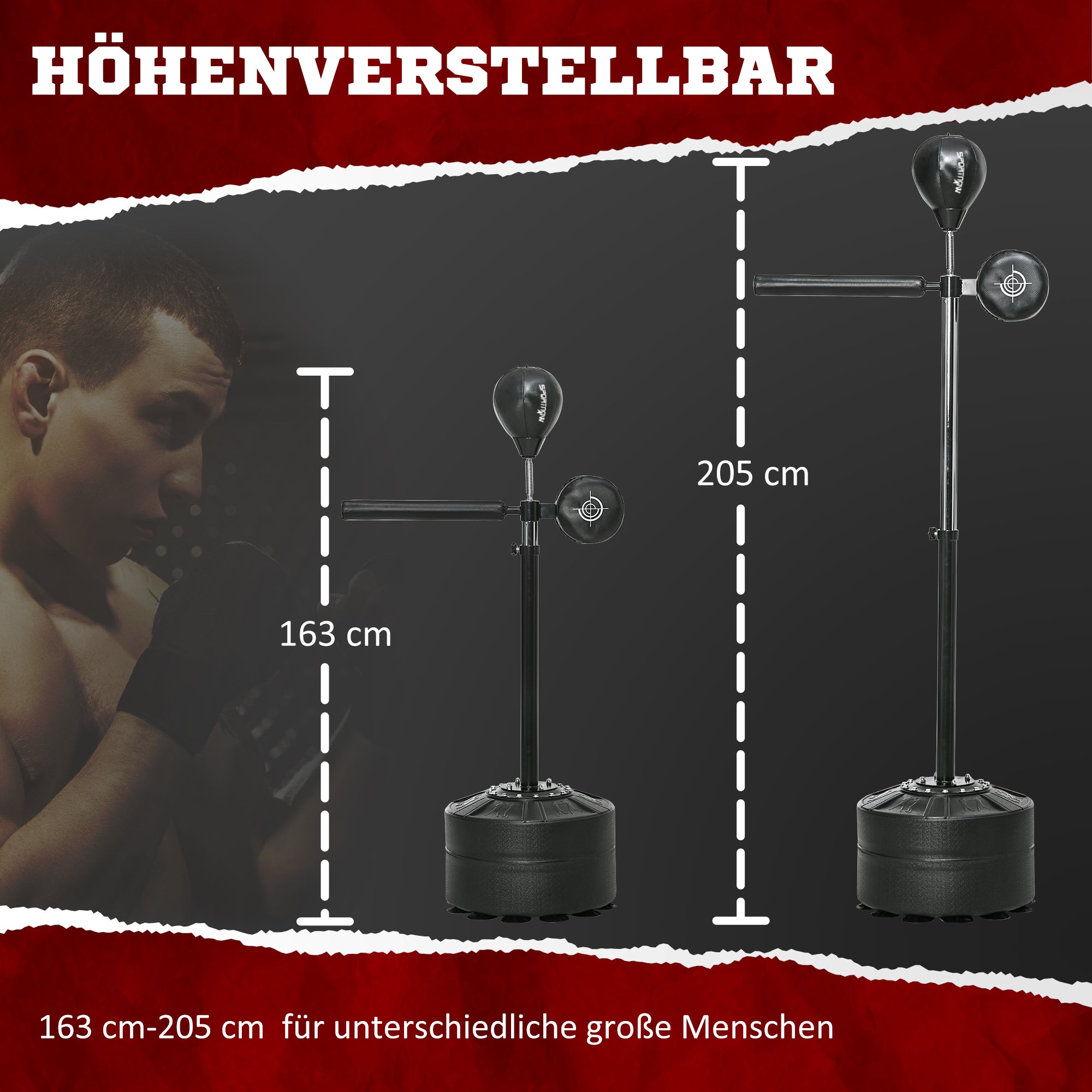 SPORTNOW Höhenverstellbarer Punchingball, 360° drehbar, inkl. Boxbandagen, Schwarz, 80,5 x 48 x 163-205 cm