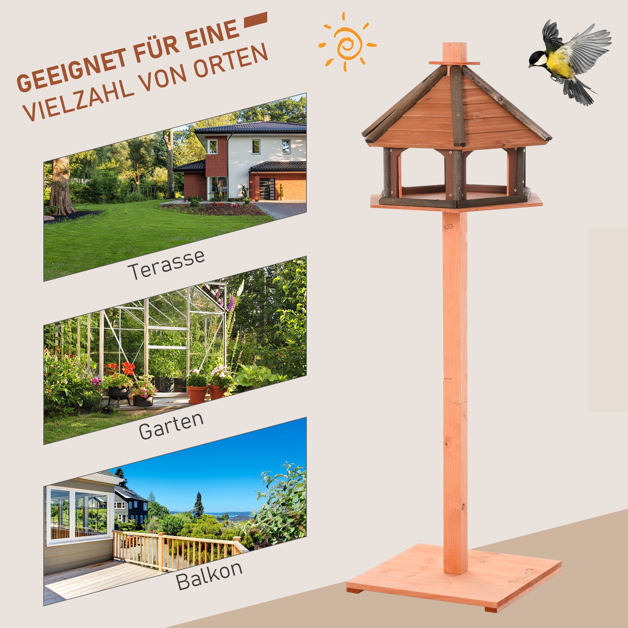 PawHut Vogelhaus mit Ständer wetterfestes Vogelfutterhaus mit wetterfestem Dach Futterhaus aus Holz für Wildvögel Ø52 x 130H cm Natur