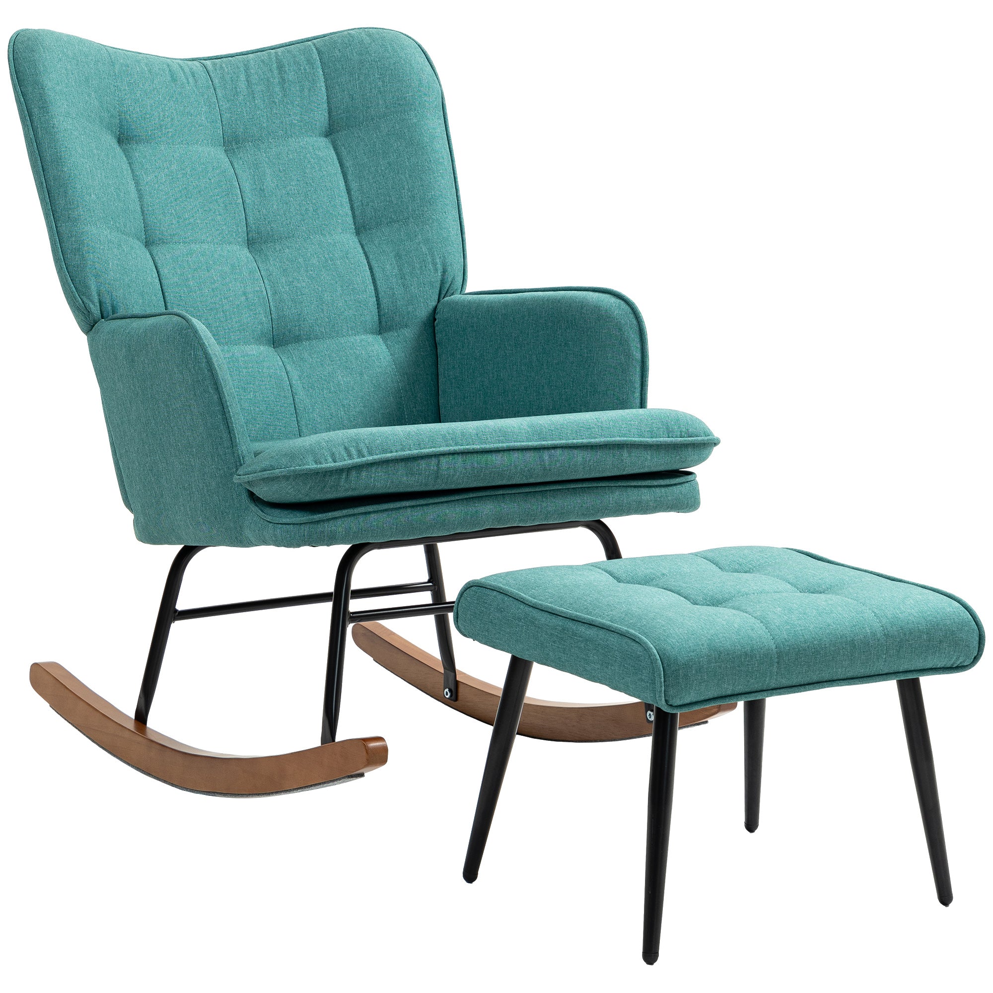 HOMCOM Schaukelstuhl mit Fußhocker, breite Sitzfläche, hohe Rückenlehne, Leinenimitat, Mintgrün