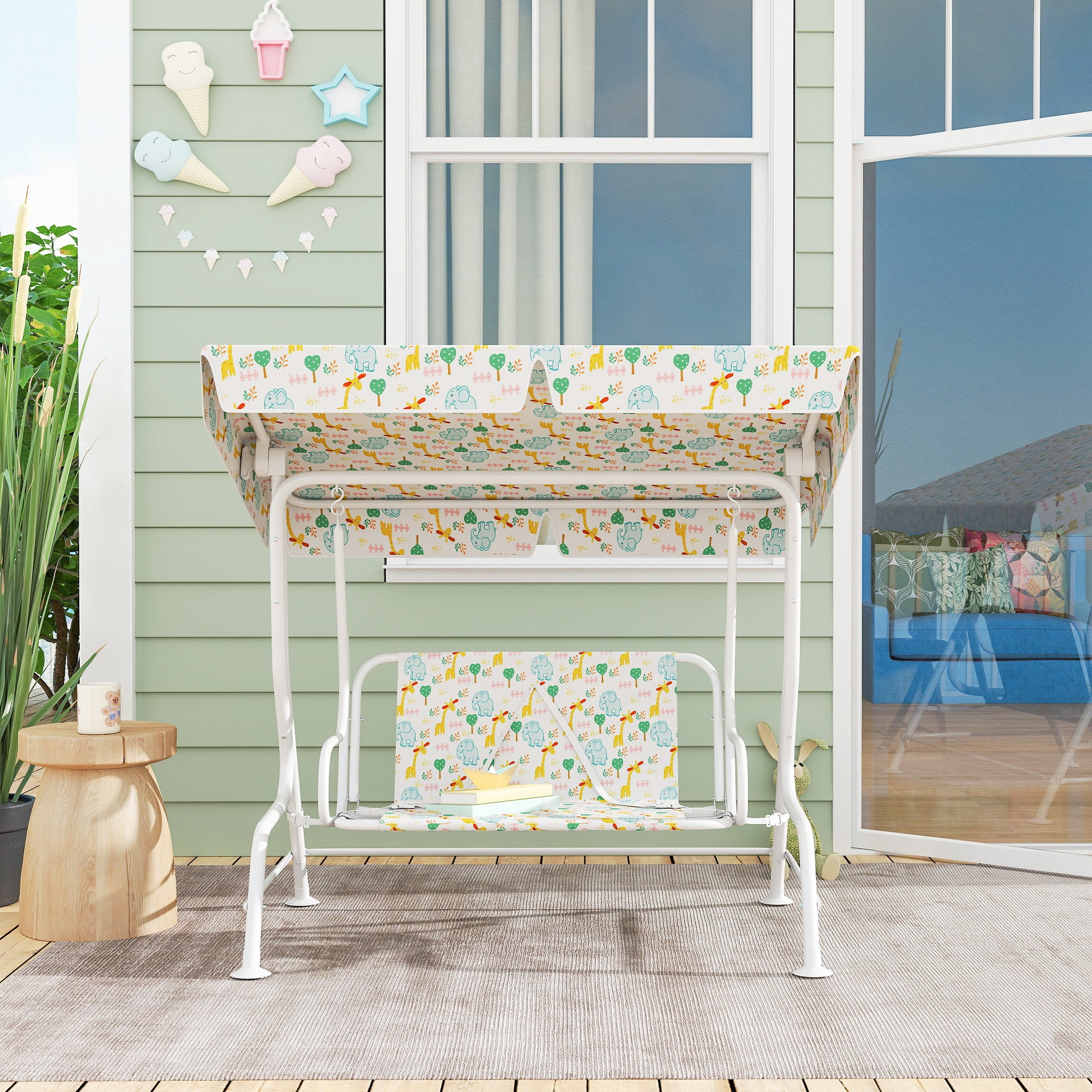 AIYAPLAY Hollywoodschaukel für Kinder, Stahlrahmen, 2-Sitzer, 60 kg belastbar, Weiß