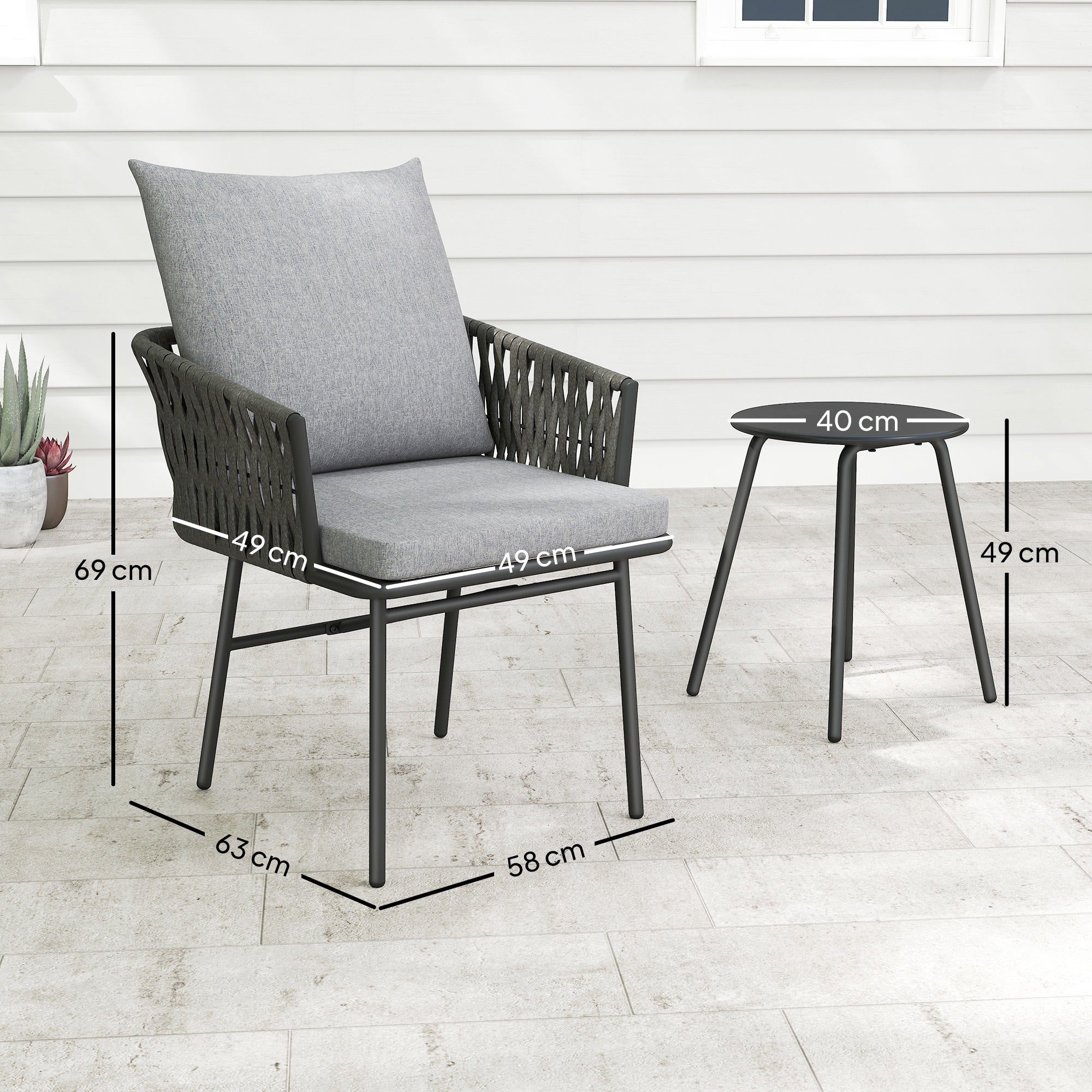 Outsunny 3-teiliges Außenmöbel-Set, 2 Stühle, 1 Tisch, Bistro-Set, Kunst-Rattan, Stahlrahmen, Metalltisch, 4 Kissen, Grau
