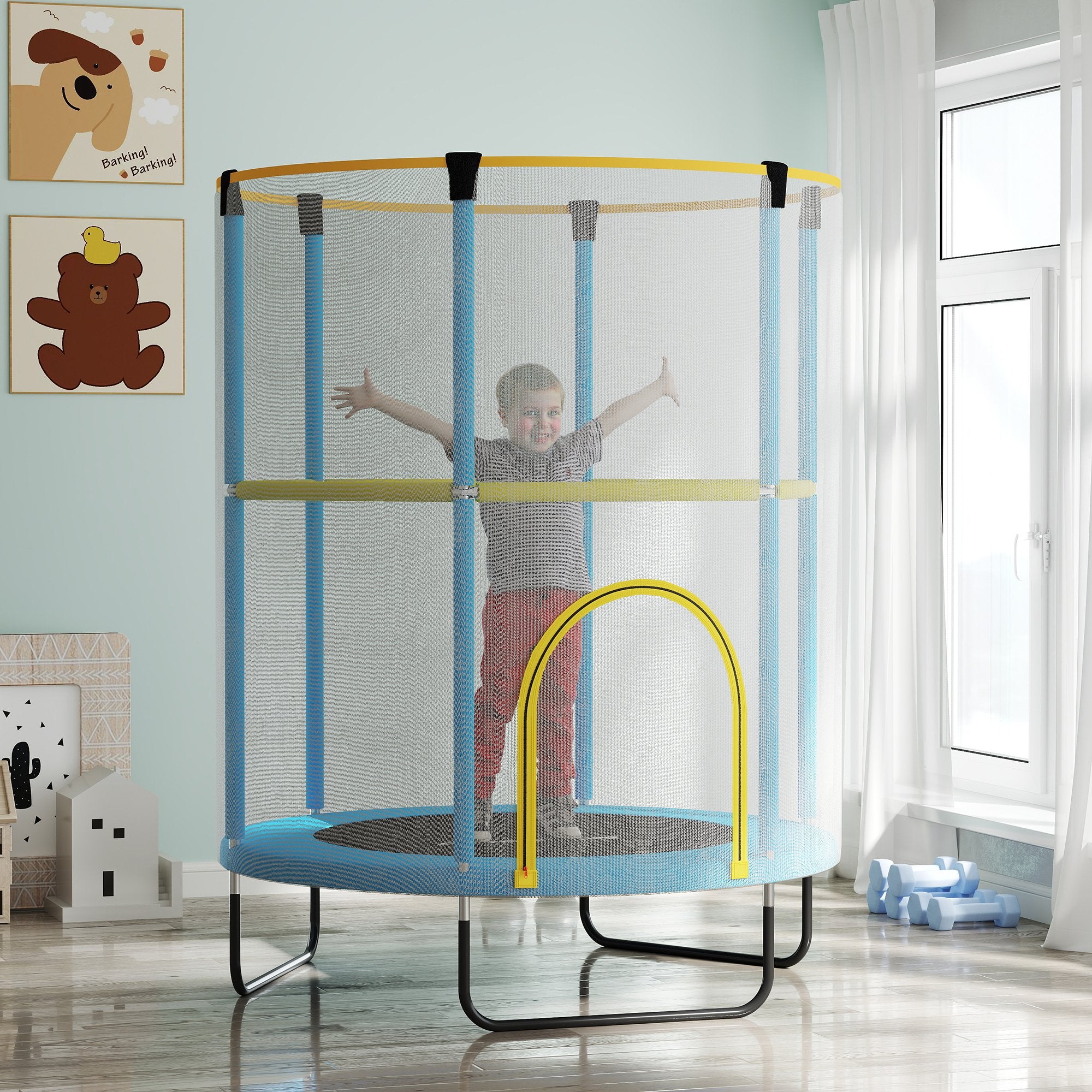 AIYAPLAY Kindertrampolin, Sicherheitsnetz, rutschfeste Beine, Reißverschlusseingang, Bunt