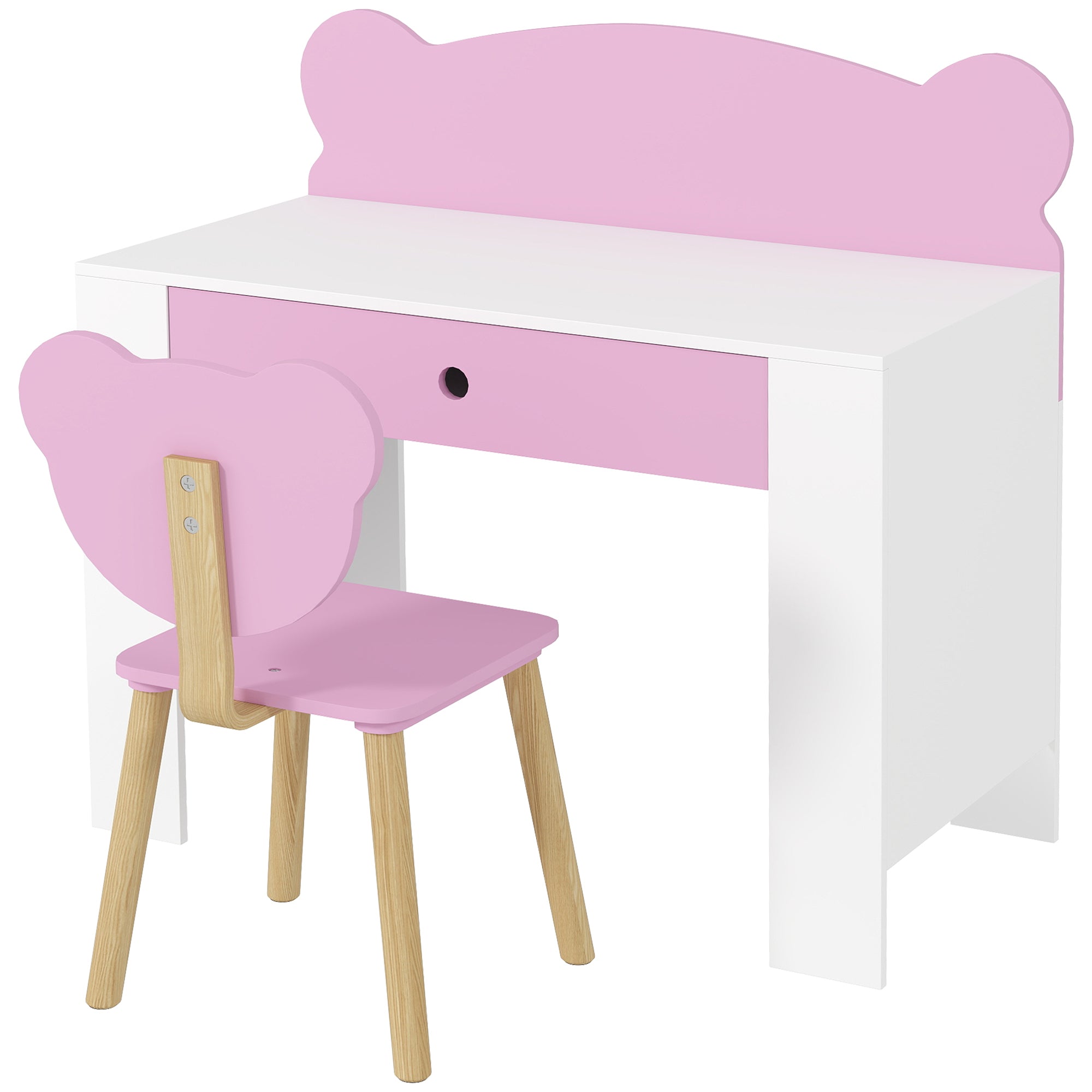 AIYAPLAY Schreibtisch-Set für Kinder, Arbeitstisch und Stuhl mit Bärenform, Schublade, zum Schreiben und Basteln, 3-8 Jahre, Rosa
