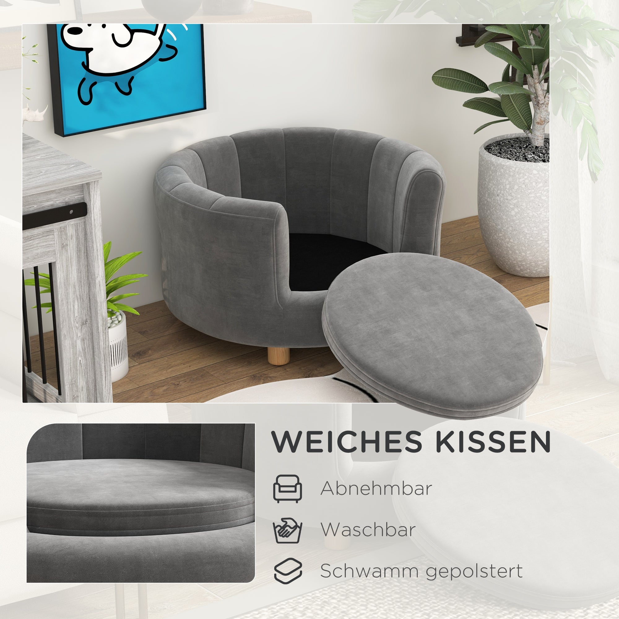 PawHut Haustierbett für Hunde und Katzen, Holzbeine, erhöht, Flanellbezug, abnehmbares Kissen, Grau