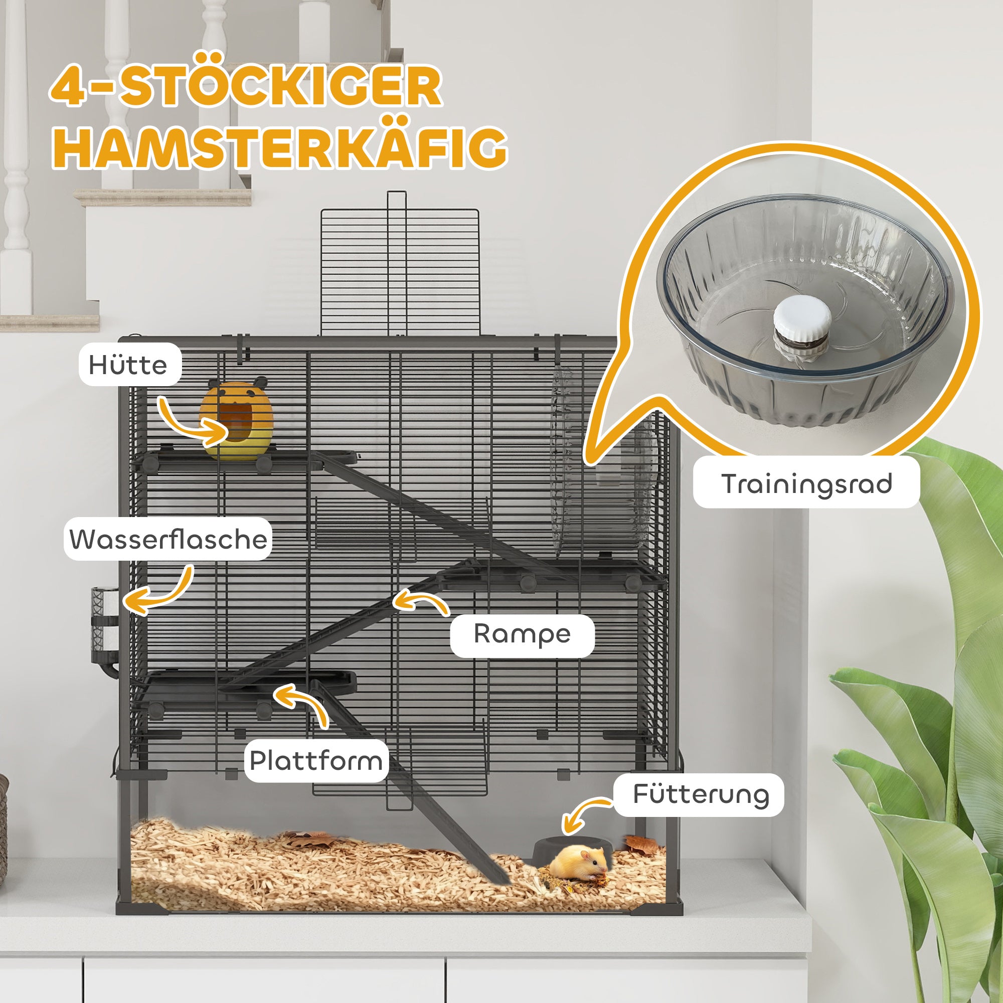 PawHut Hamsterkäfig mit Glasboden, 4-stufiges Hamstergehege mit Hütte und Zubehör, 78,5L x 48,5B x 80H cm, Schwarz