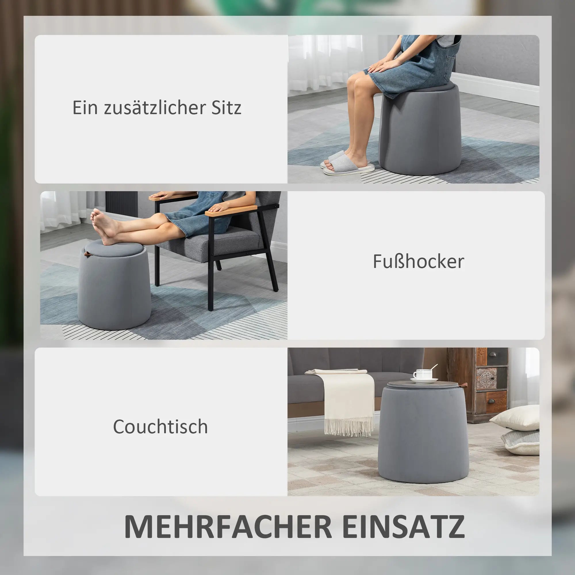 HOMCOM 2-in-1 Hocker in Samtoptik inklusive Stauraum und abnehmbaren Deckel Ø44 cm x 47,5 cm Grau