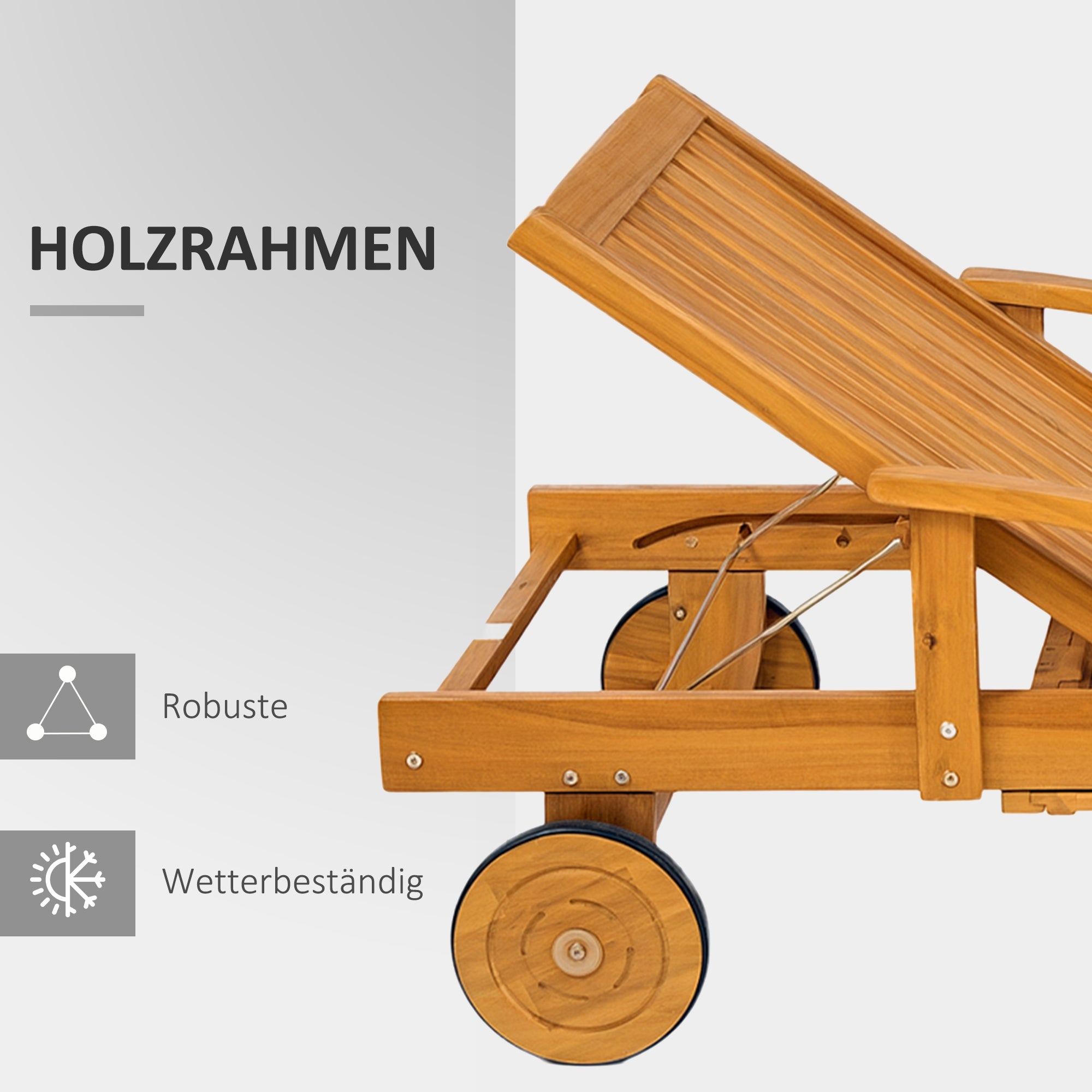 Outsunny Sonnenliege Holz klappbar Gartenliege mit Seitentisch, Rolle, 4-Fach verstellbare Rückenlehne Teak