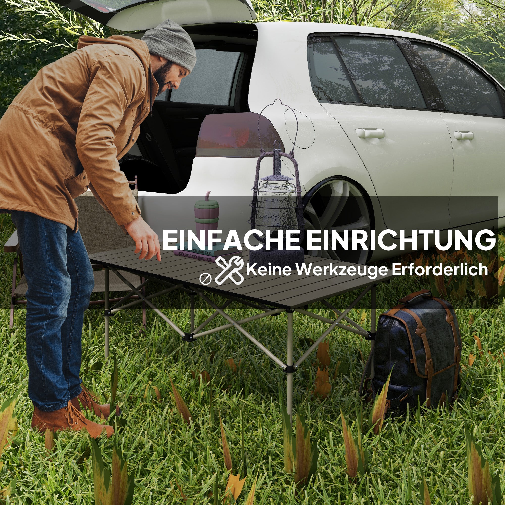 Outsunny Campingtisch Klapptisch mit Aufrollbare Tischplatte Gartentisch aus Aluminium 2 Personen 95 x 55cm Khaki