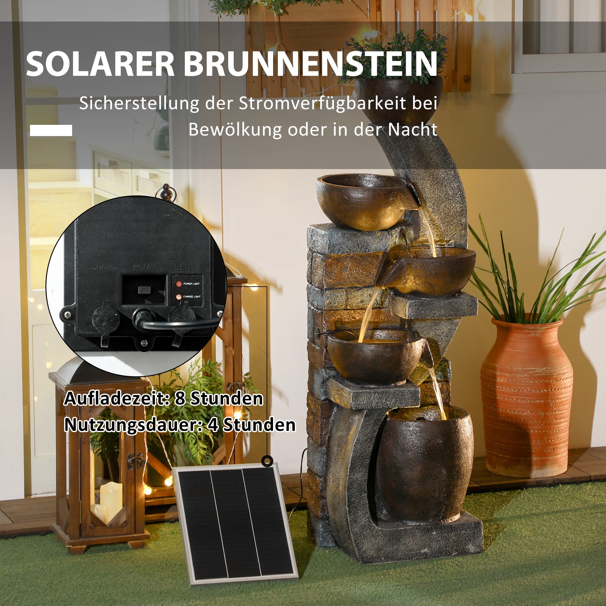 Outsunny Gartenbrunnen, Backsteinoptik, 5-stufig, Solarbetrieb, LEDs, 107cm, Kunstharz, Grau/Braun