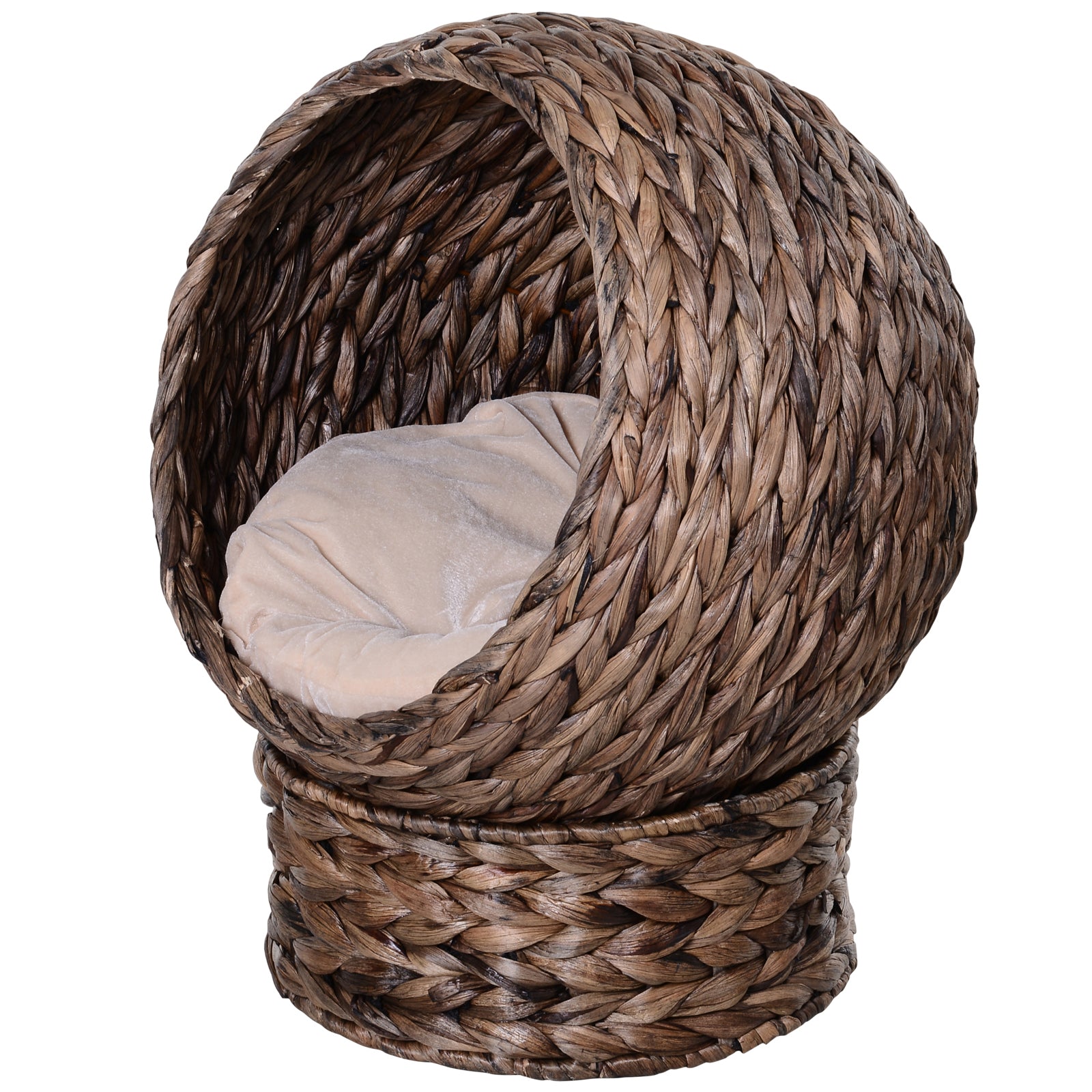 PawHut Katzenkorb aus Wasserhyazinthe inkl. Kissen, Katzenbett, Haustierbett,50 cm x 42 cm x 60 cm, Braun + Beige