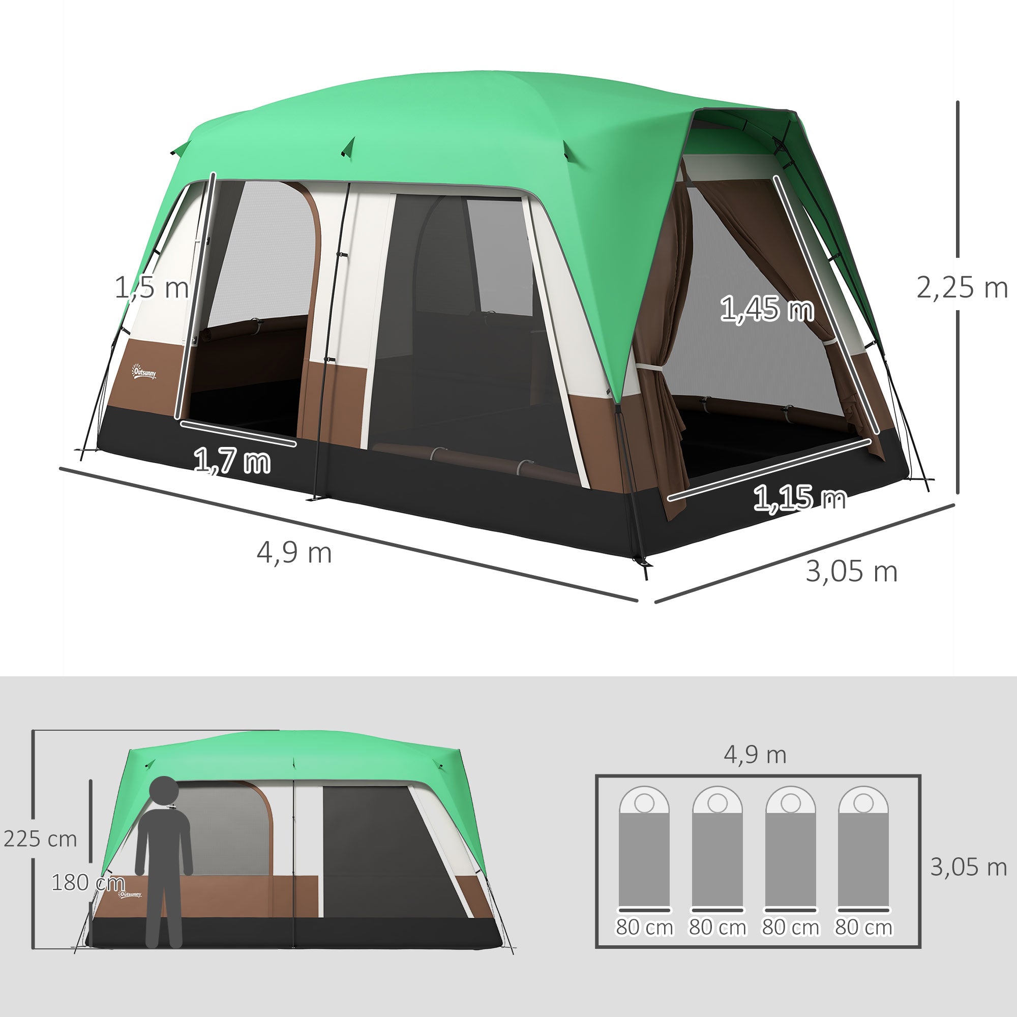 Outsunny Campingzelt für 7-8 Personen, Netzfenster, mit Tragetasche, 4,90 x 3,05 x 2,25 m, Grün