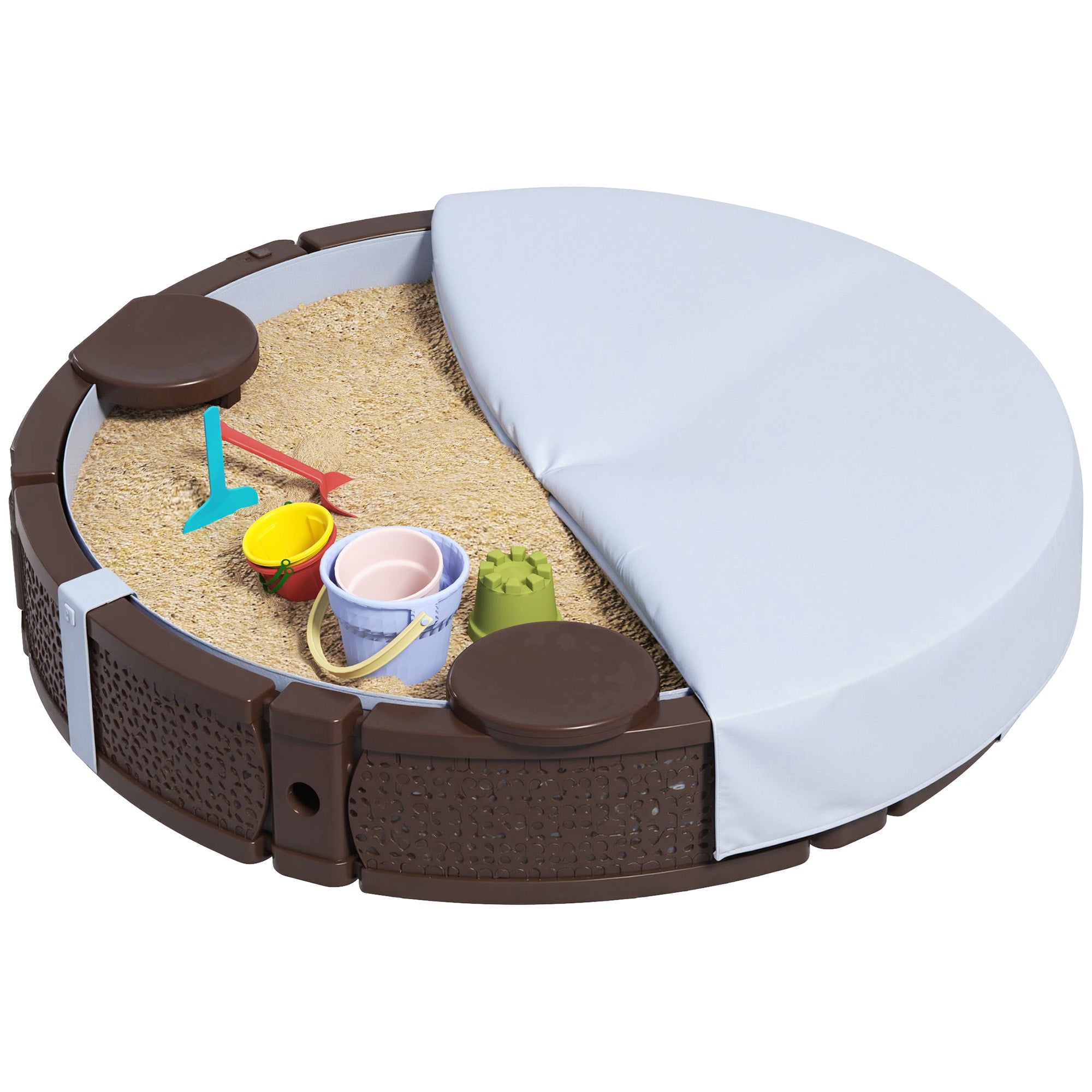 AIYAPLAY Sandkasten, Runde Sandkiste für bis zu 3 Kinder, mit 3 Sitzen, wasserfeste Unterlage, Schutzplane, 300 kg Sand