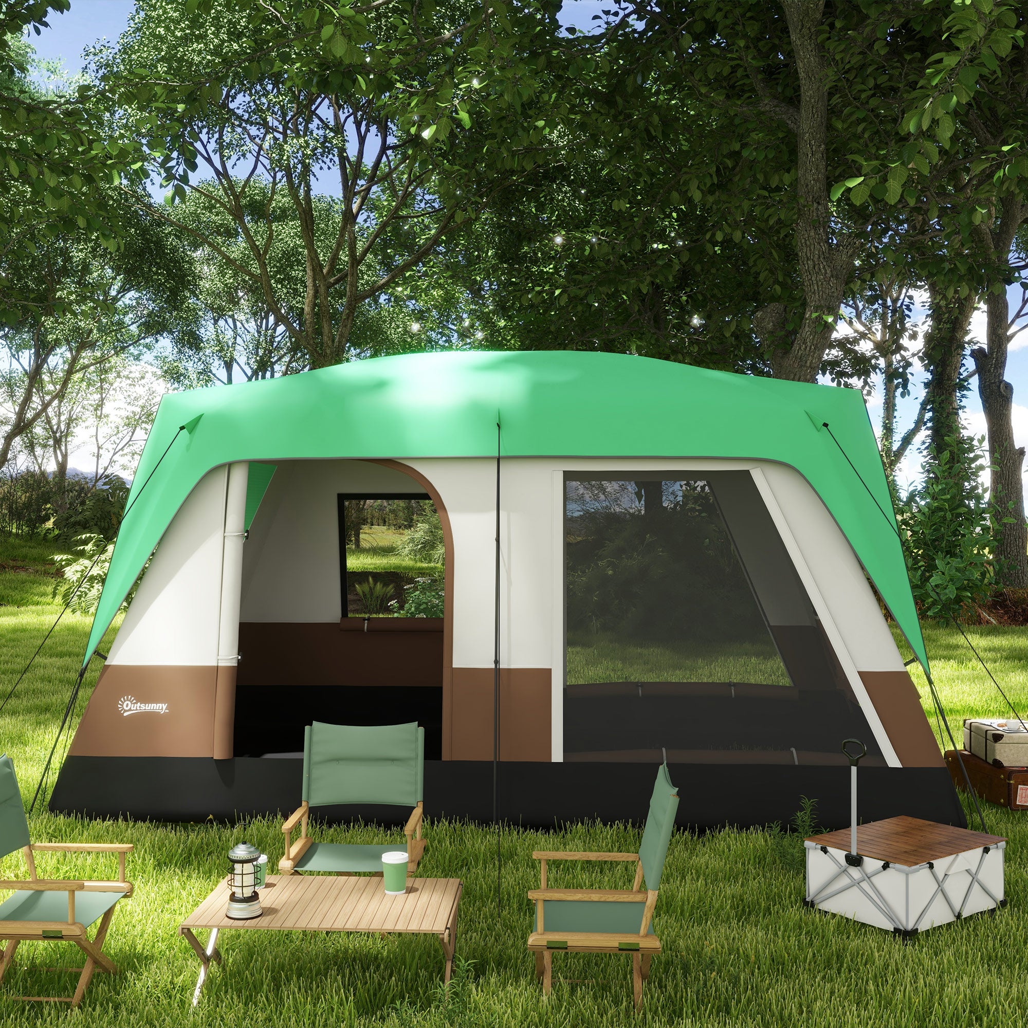 Outsunny Campingzelt für 7-8 Personen, Netzfenster, mit Tragetasche, 4,90 x 3,05 x 2,25 m, Grün