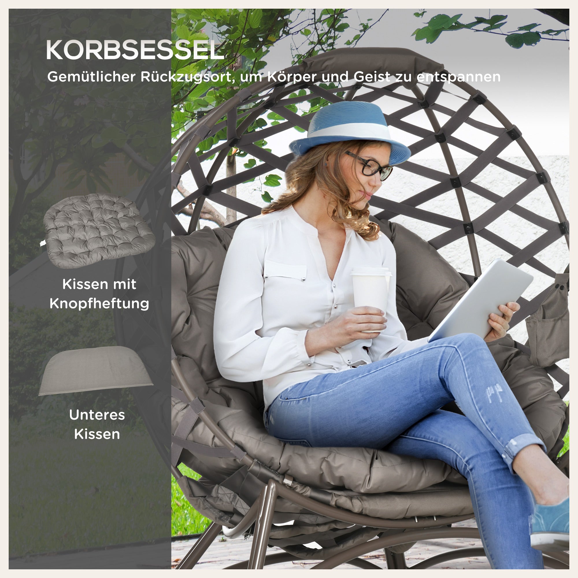 Outsunny Gartenstuhl-Set, 2-tlg., Hocker/Beistelltisch, gr. Sitzkissen, Stahlrahmen, Farbe: Sand, 118 x 75 x 142 cm