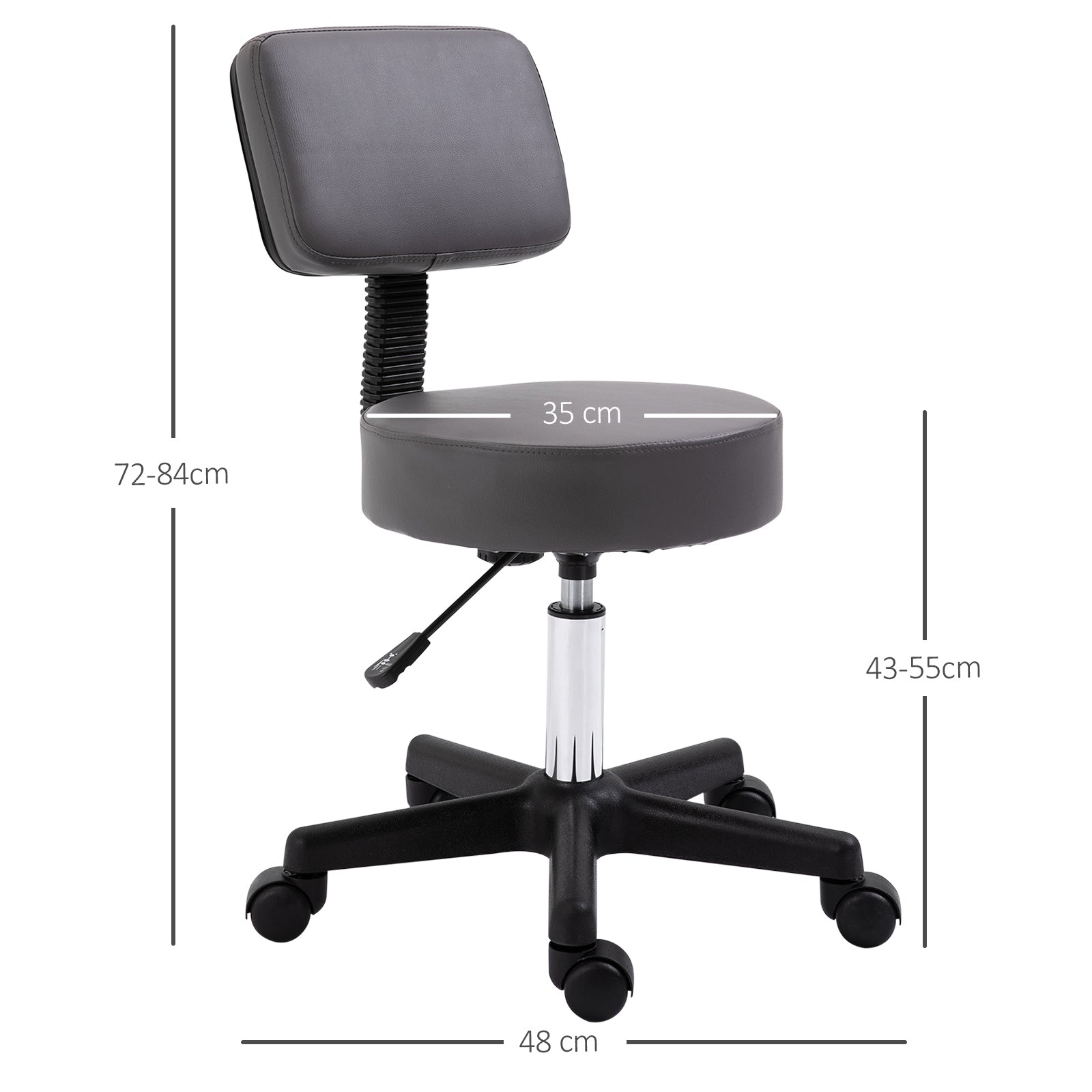 HOMCOM Salonhocker, höhenverstellbar, ergonomisch, 360° drehbar, 5 Rollen, synthetischer Bezug, Grau
