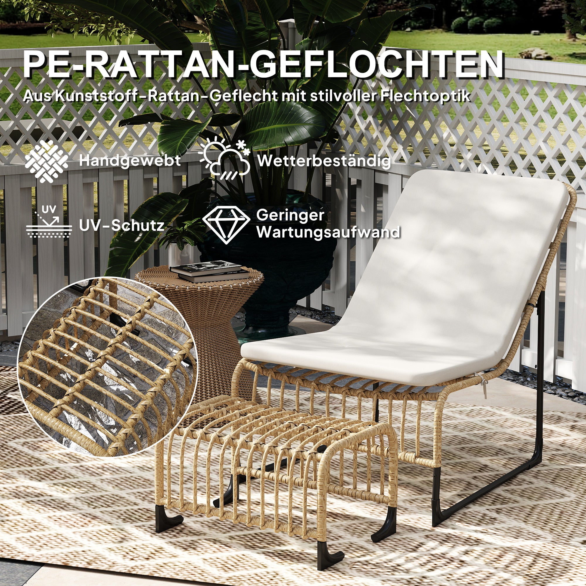 Outsunny Rattan Relaxsessel mit Fußhocker UV-beständig Gartensessel mit Kissen Bänder 65 x 93 x 80 cm Naturholz