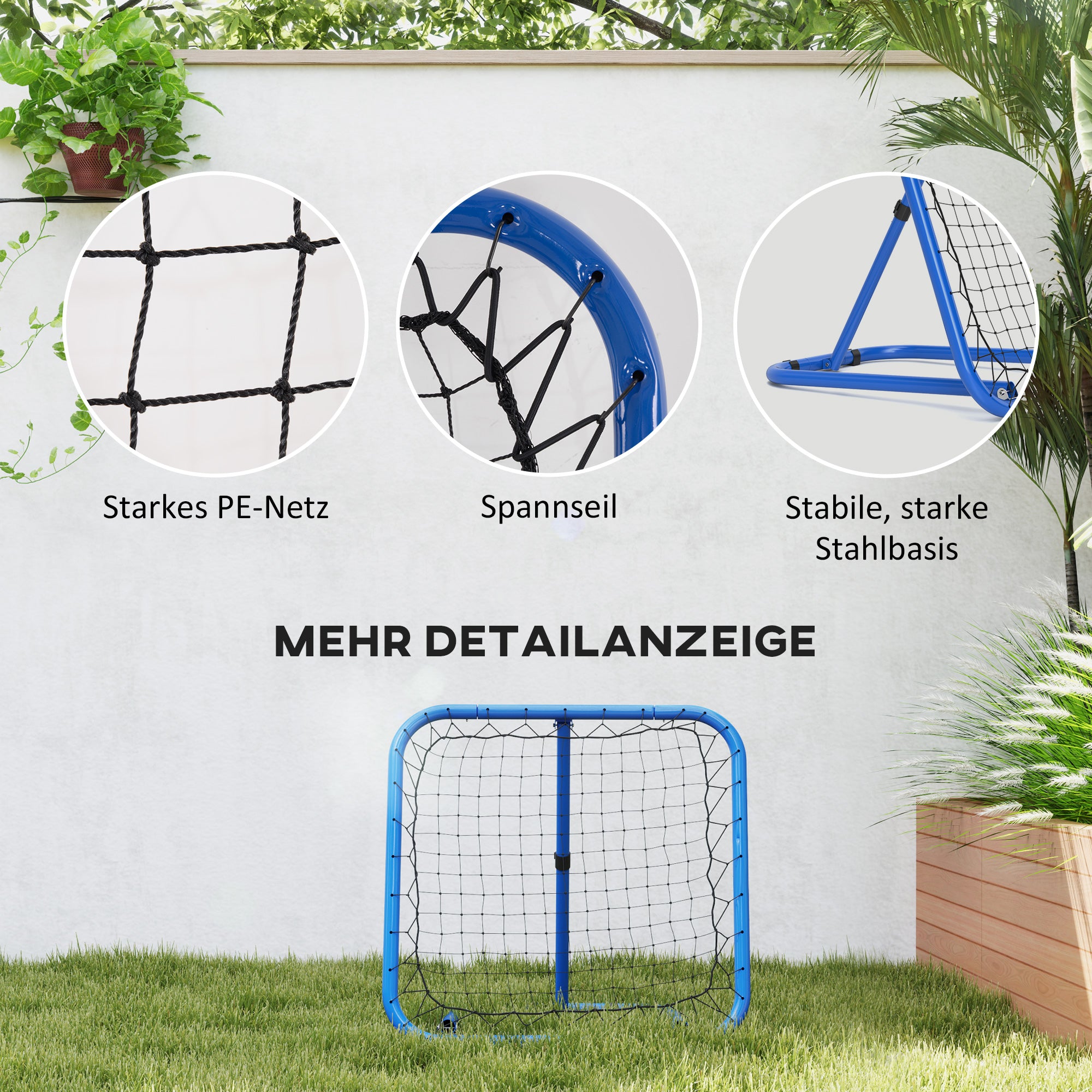 HOMCOM Fußball Rebounder-Netz, klappbar, Rückprallwand, Verstellbar in 5 Stufen, Metall, 78 x 84 x 65-78 cm, Blau