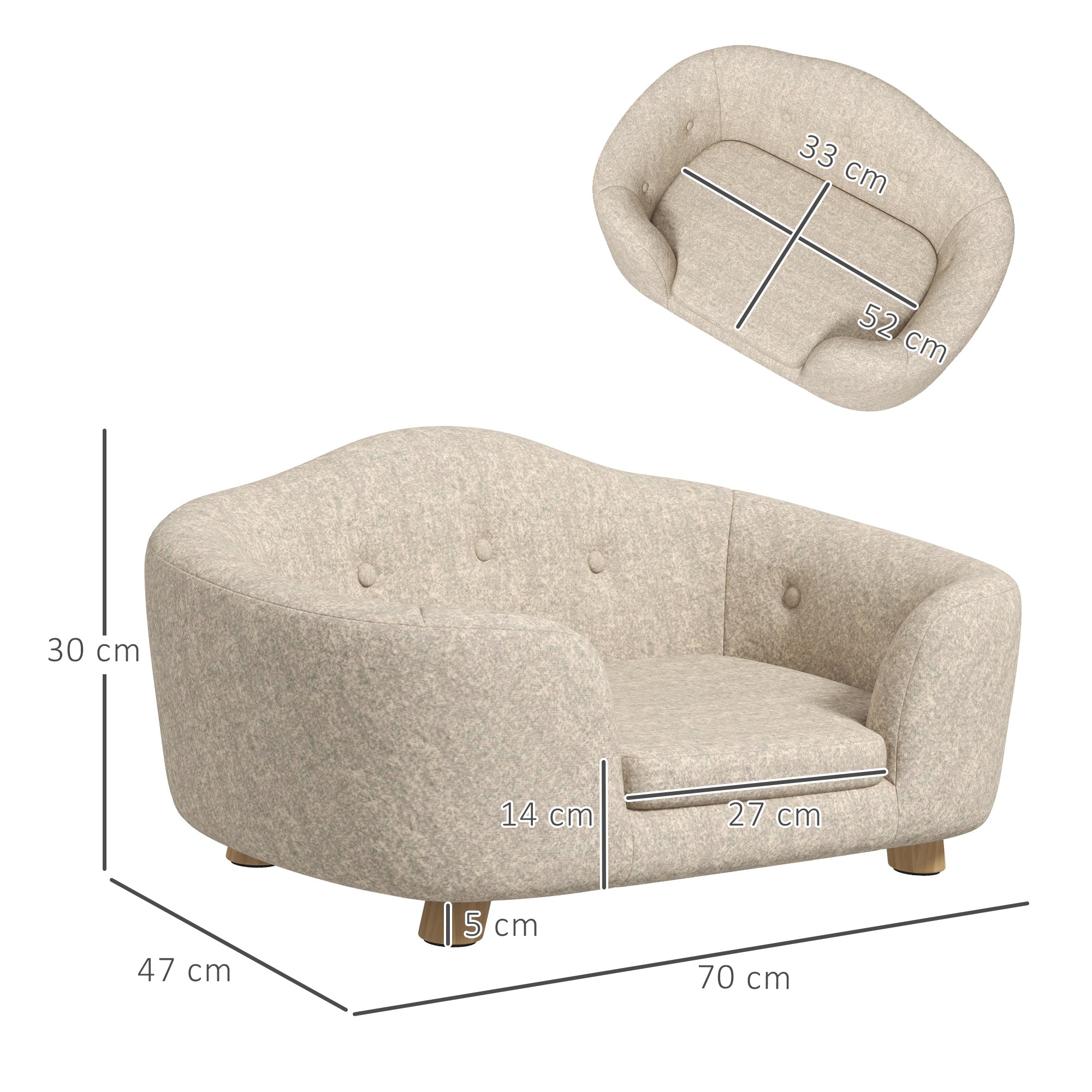 PawHut Haustiersofa Hundematte Hundebett Hundesofa Hundecouch Katzen Sofa mit Kissen Rückentasche Plüsch Schaumstoff Kiefernholz Cremeweiß 70 x 47 x 30 cm
