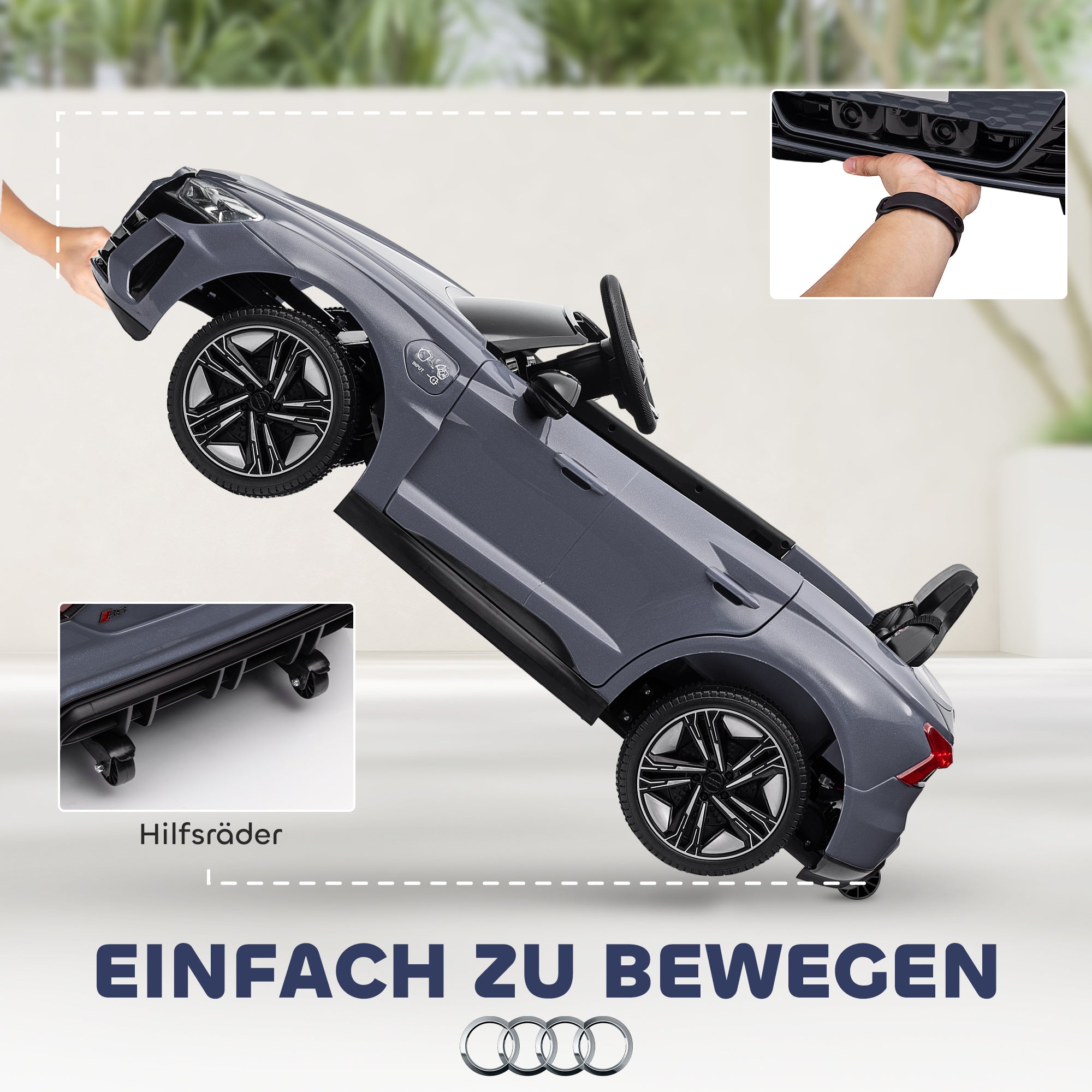 HOMCOM Kinder-Elektroauto mit Fernbedienung, Sicherheitsgurt, Hupe, Musik, Scheinwerfer, bis 5 km/h, 3-5 Jahre, Grau