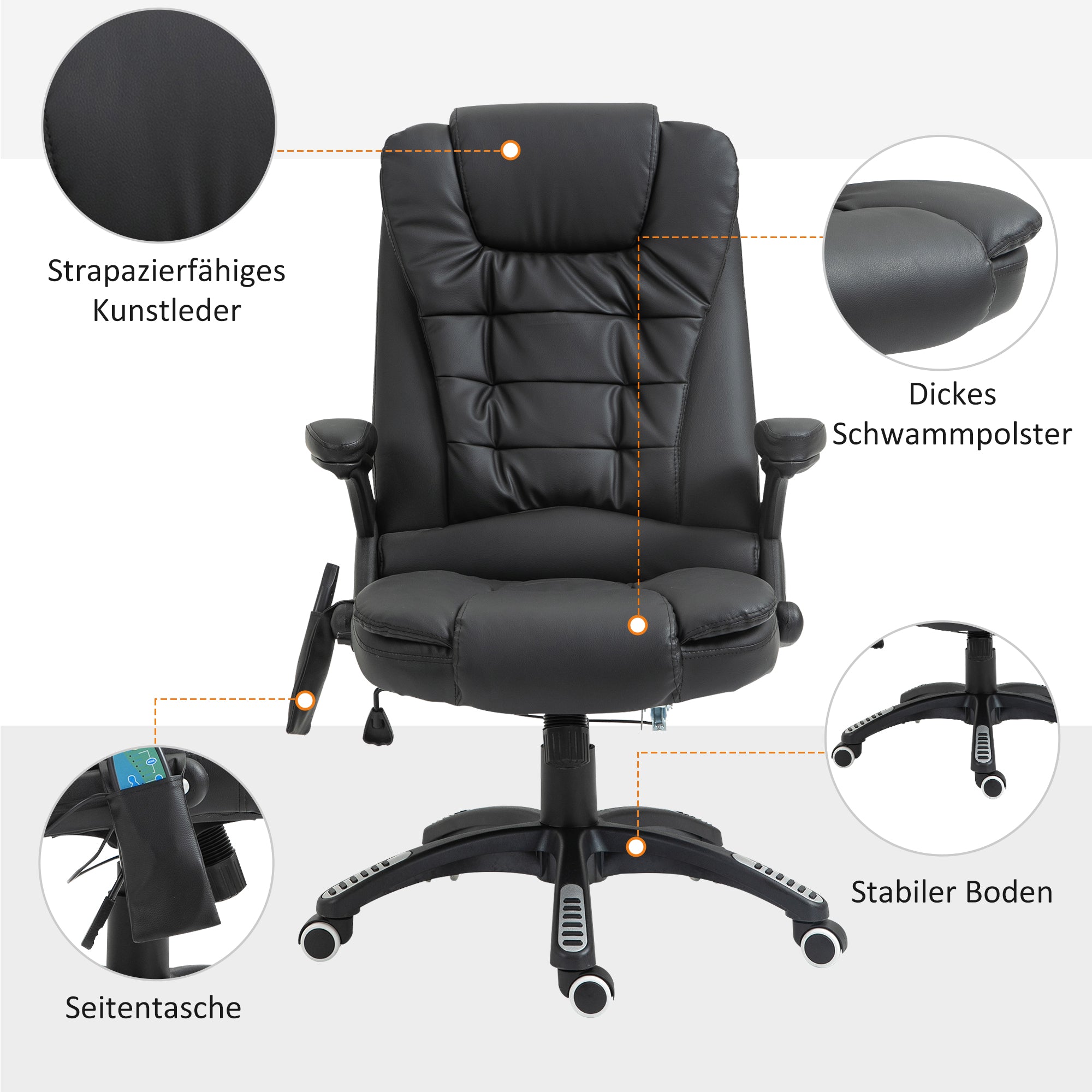 HOMCOM Massagesessel Bürostuhl, Chefsessel mit 6-Punkt-Vibrationsmassage und Wärmefunktion, drehbar Gaming-Stuhl, Kunstleder, 70 x 70 x 111–121 cm, Schwarz