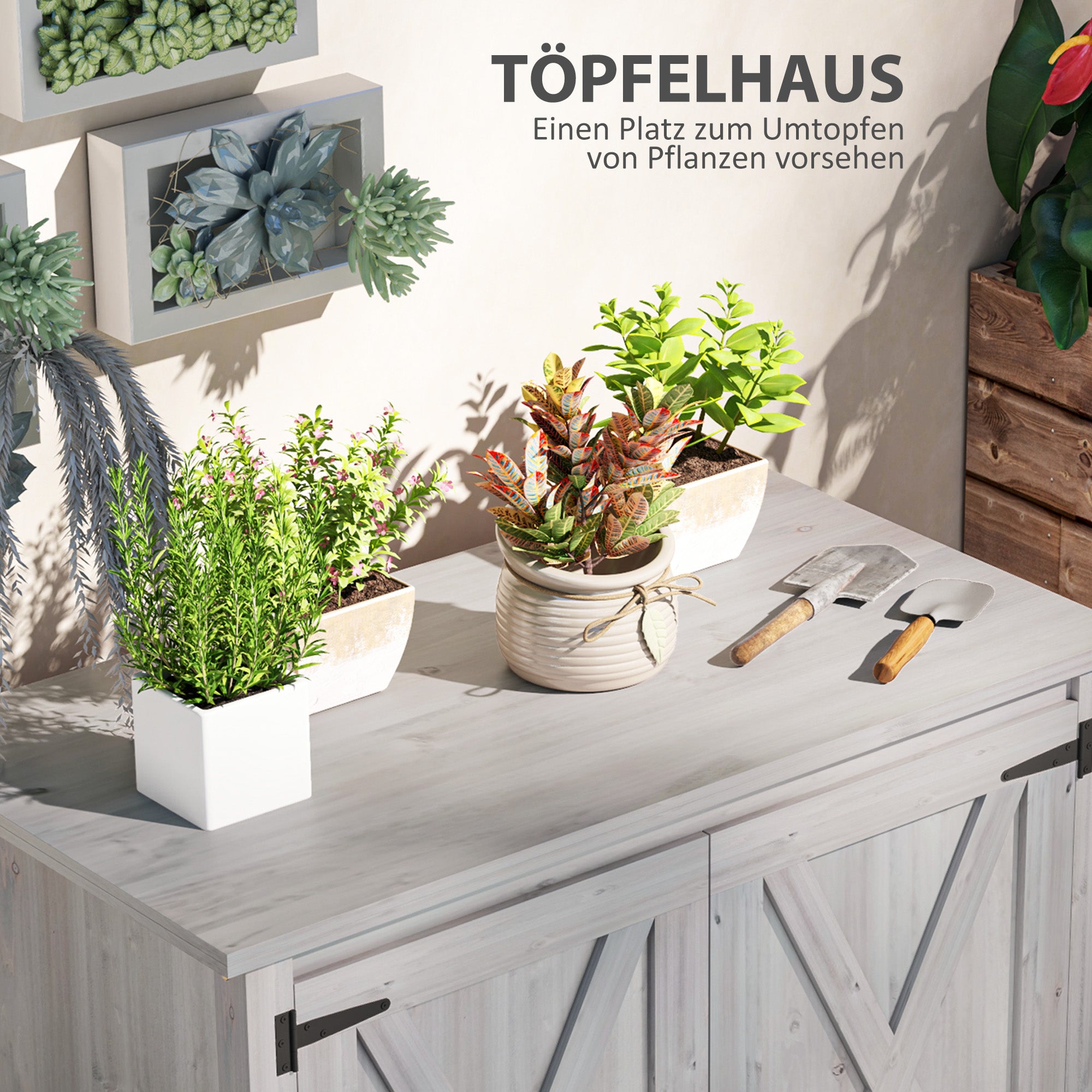 Outsunny Gartenschrank, Holzschrank für Gartengeräte, Outdoor-Schrank für Terrasse, mit Doppeltüren, Scheunendesign, Hellgrau