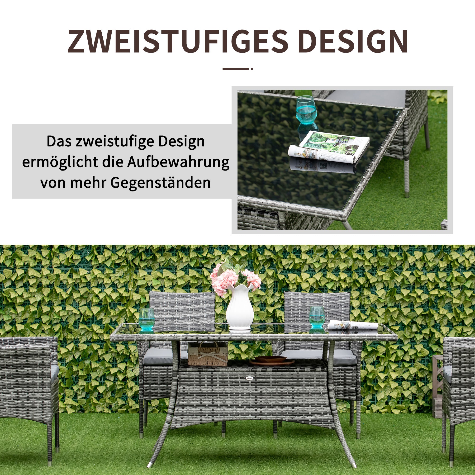 Outsunny Gartentisch Glastisch Esstisch Gartenmöbel Tisch, Polyrattan+Sicherheitsglas, Grau+Schwarz, 150x85x74cm