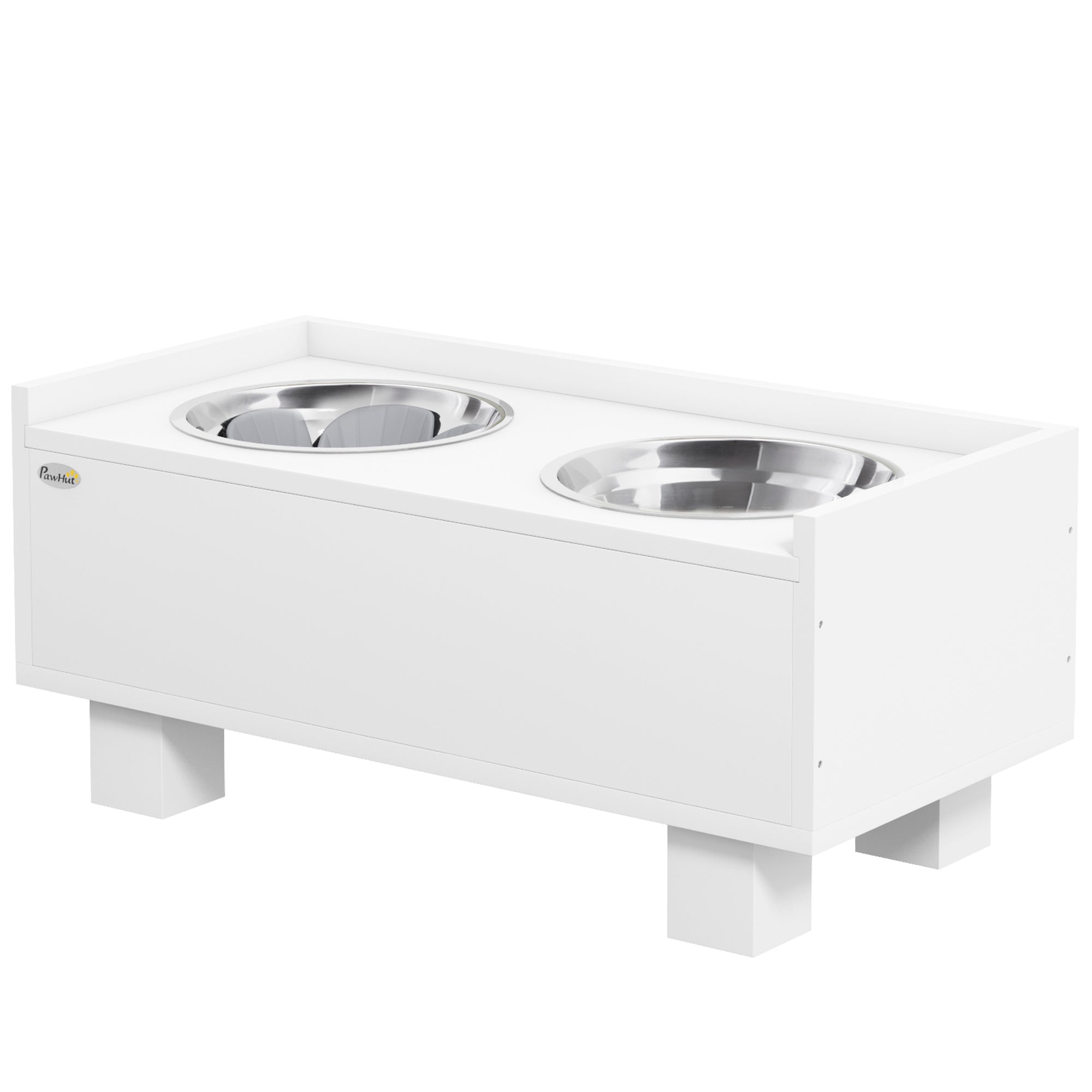 PawHut Erhöhte Fütterungsstation für Hunde, mit abnehmbarer Slow-Feeder-Matte, 2 Aluminiumschüsseln, Stauraum, Weiß
