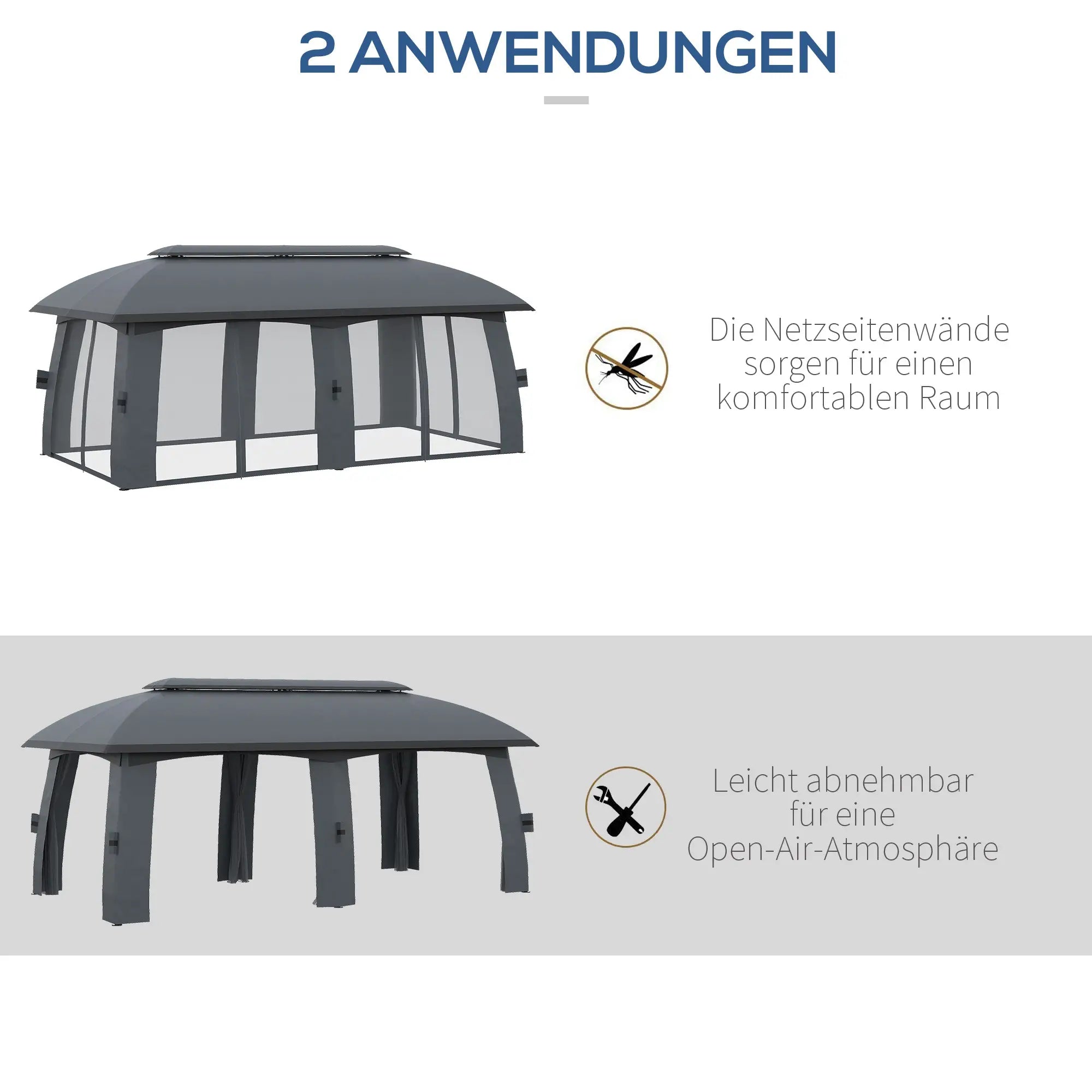 Outsunny Pavillon, Partyzelt, mit Fliegennetzen, Winddach, bis 15 Personen, dunkelgrau, 3 x 6 x 3 m