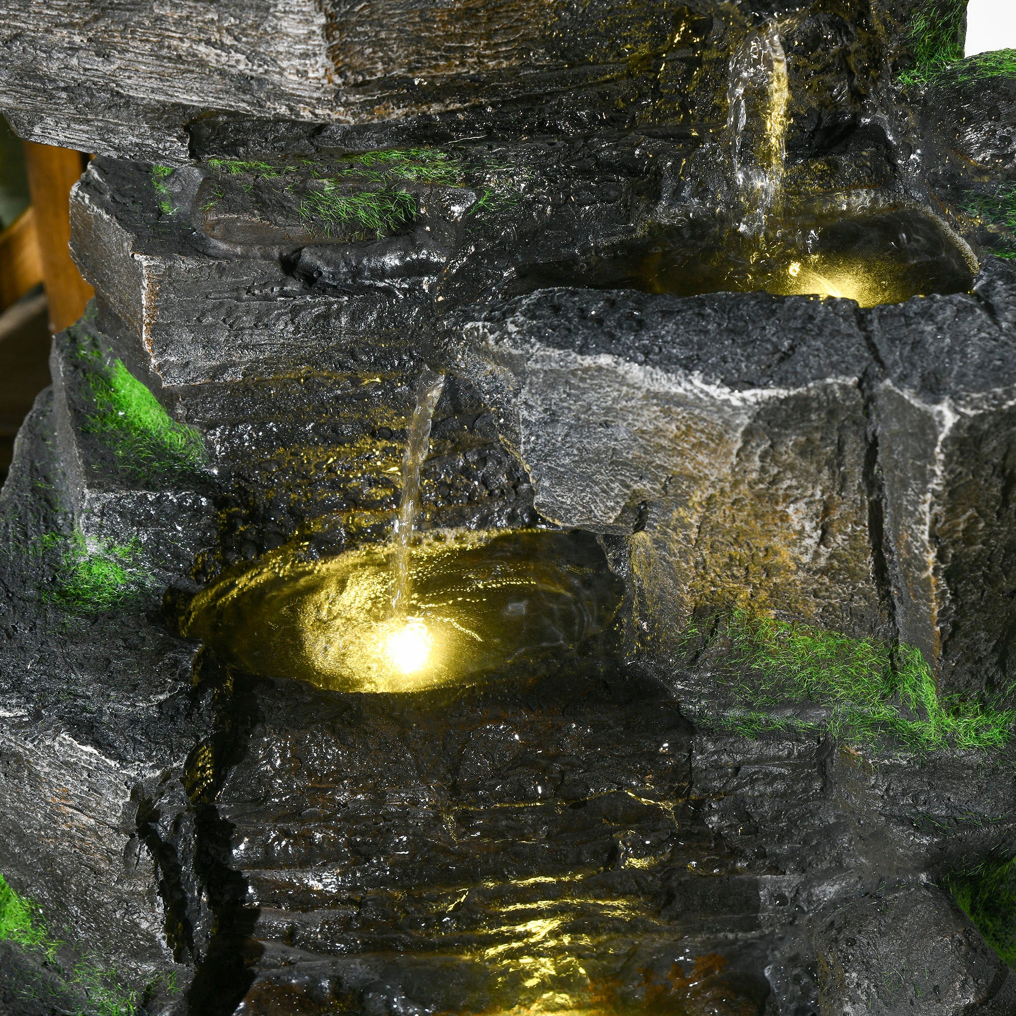 Outsunny Gartenbrunnen, Steinoptik, 4-stufig, Solarbetrieb, LEDs, 57cm Höhe, Kunstharz, Grau/Braun