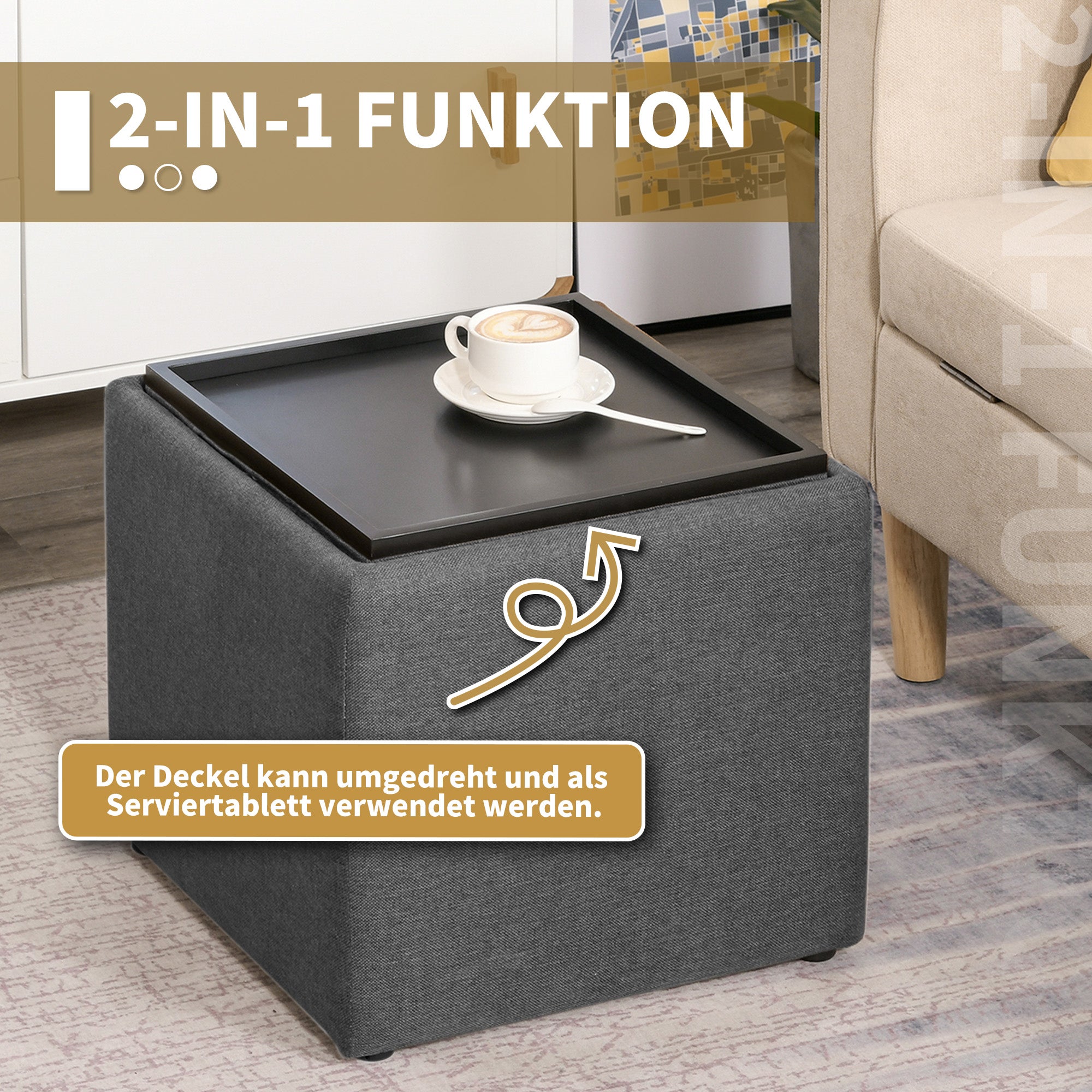 HOMCOM Sitzhocker mit Stauraum, Fußhocker, Polsterhocker, abnehmbarer Deckel, Bezug in Leinenoptik, 42 x 42 x 41 cm, Dunkelgrau