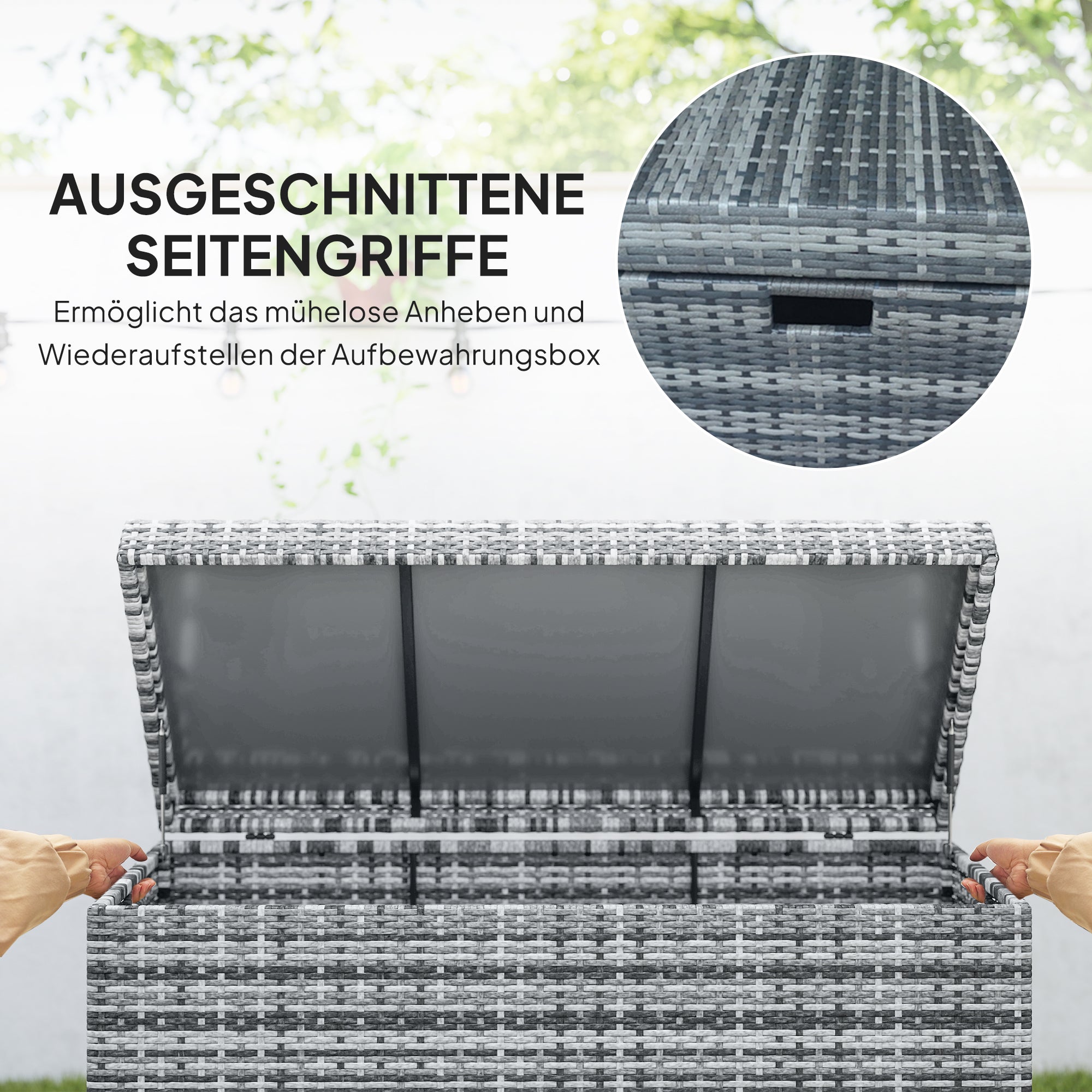 Outsunny Rattan Auflagenbox 380L wetterfest Kissenbox mit Deckel Stauraum UV-beständig 130 x 61 x 65 cm Dunkelgrau