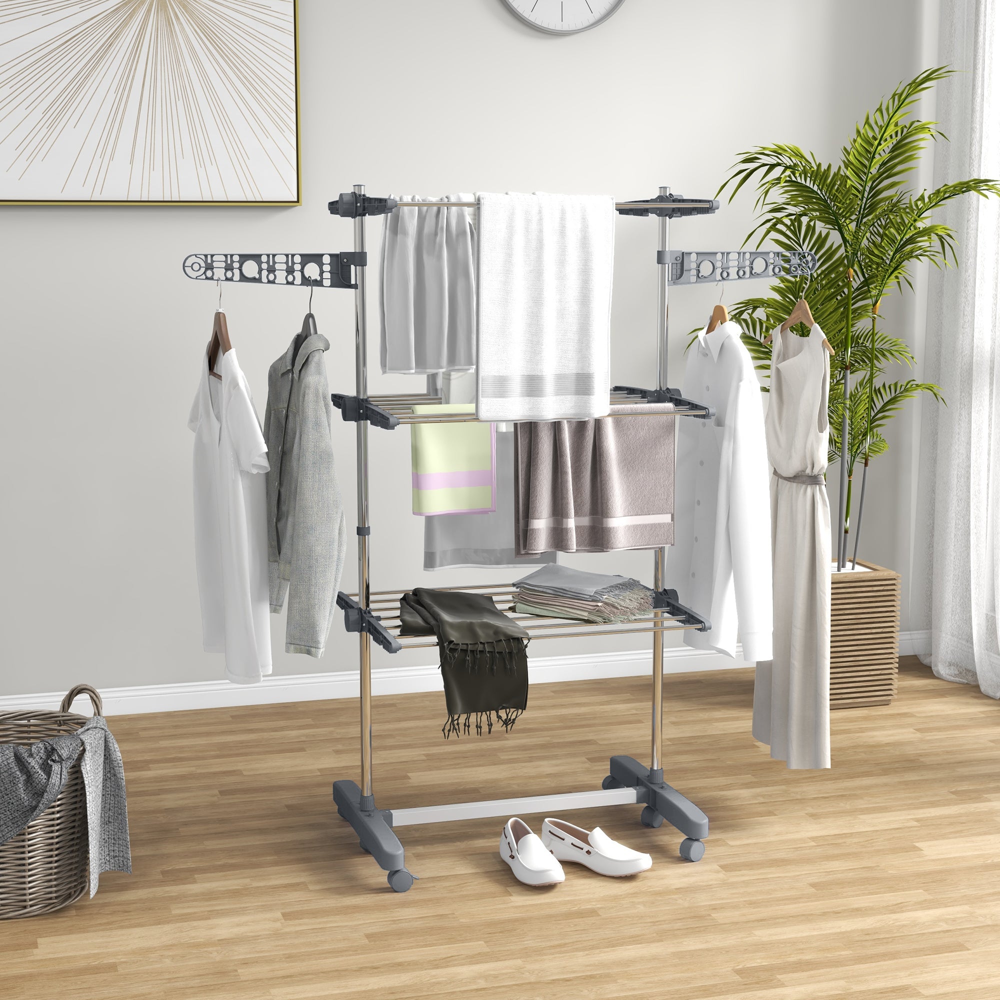 HOMCOM Wäschenständer Wäschetrockner. 4 Ebenen, klappbar, One-Klick-System, 142 cm x 55 cm x 152 cm Blau + Silber