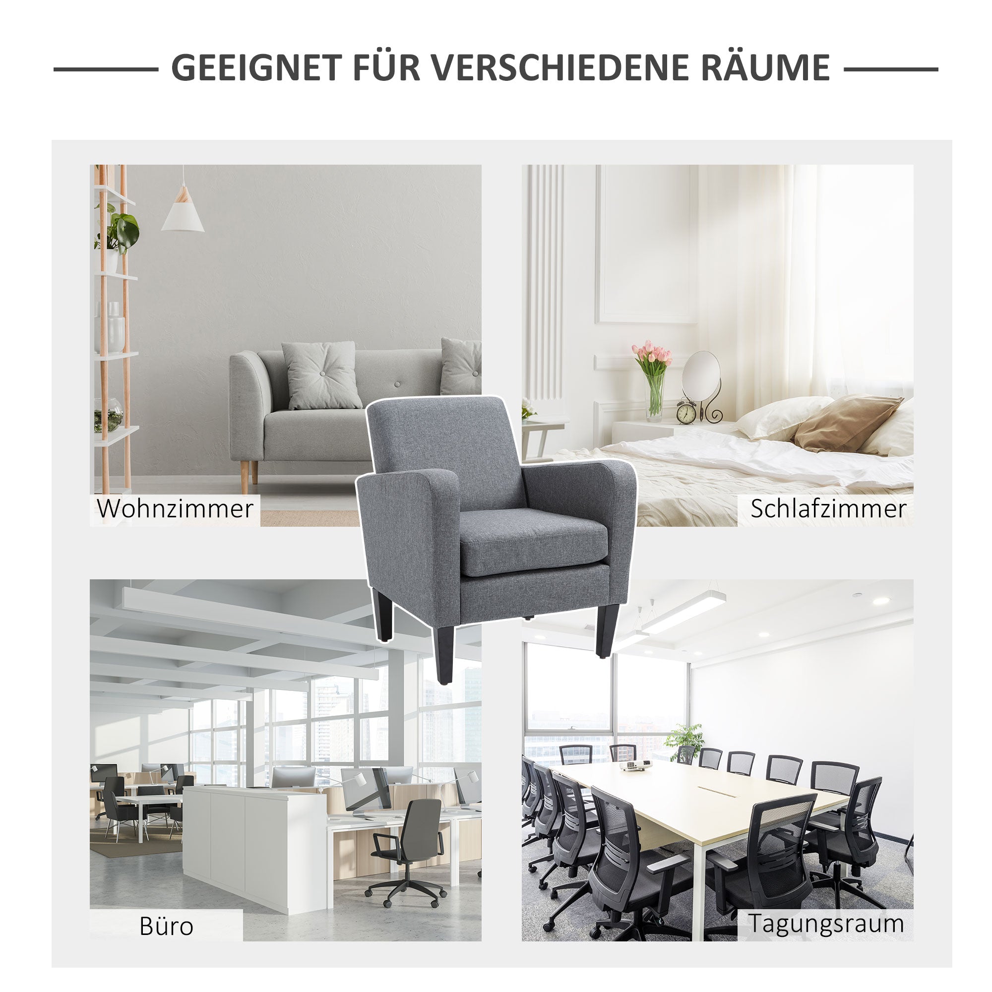 HOMCOM Einzelsessel, Relaxsessel, Polstersessel mit Holzfüßen, Stoff in Leinenoptik, 66 x 72 x 74 cm, Hellgrau