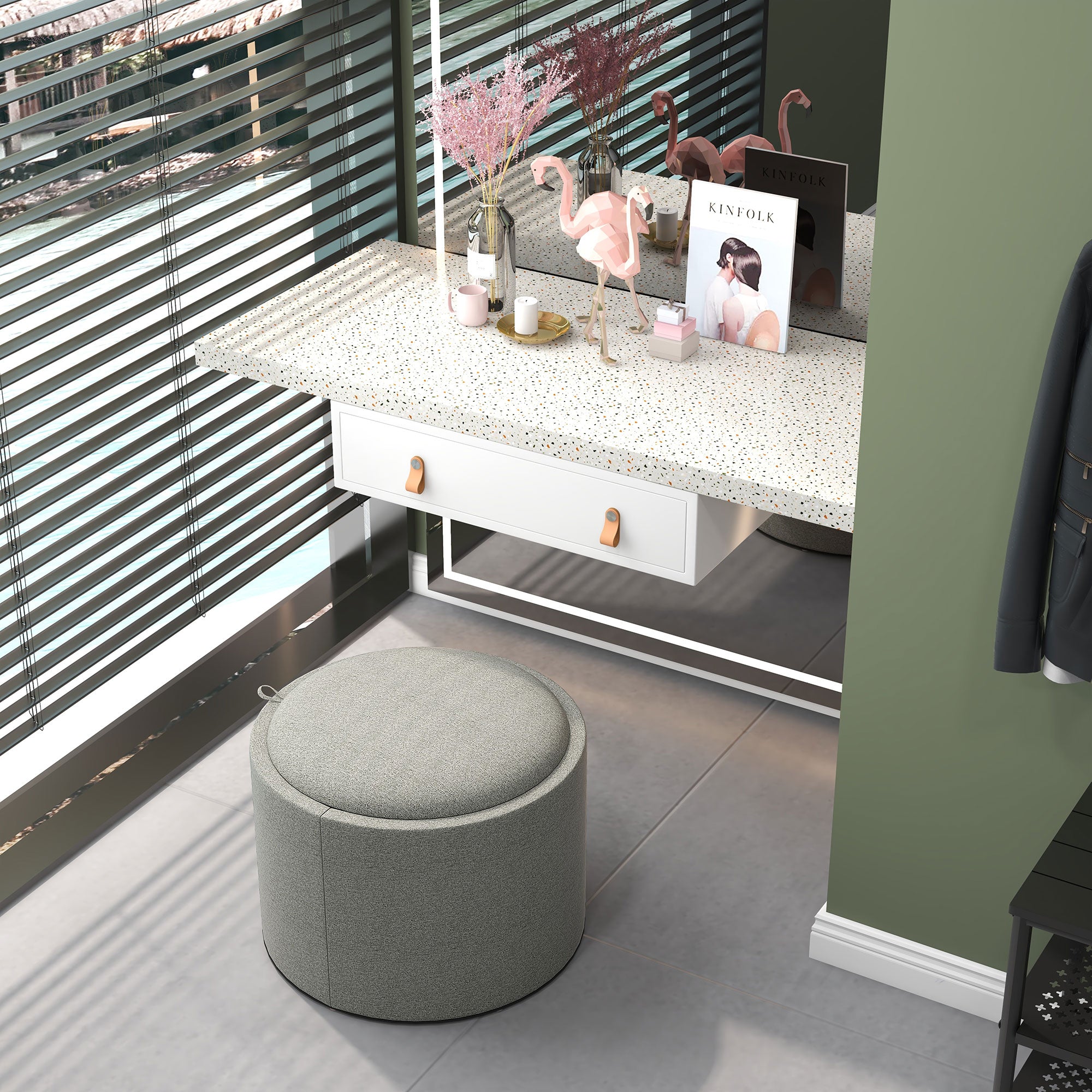 HOMCOM Hocker Polsterhocker, Leinen, versteckter Stauraum, umkehrbarer Deckel, 5 6cm x 56 cm x 42 cm, Grau + Natur