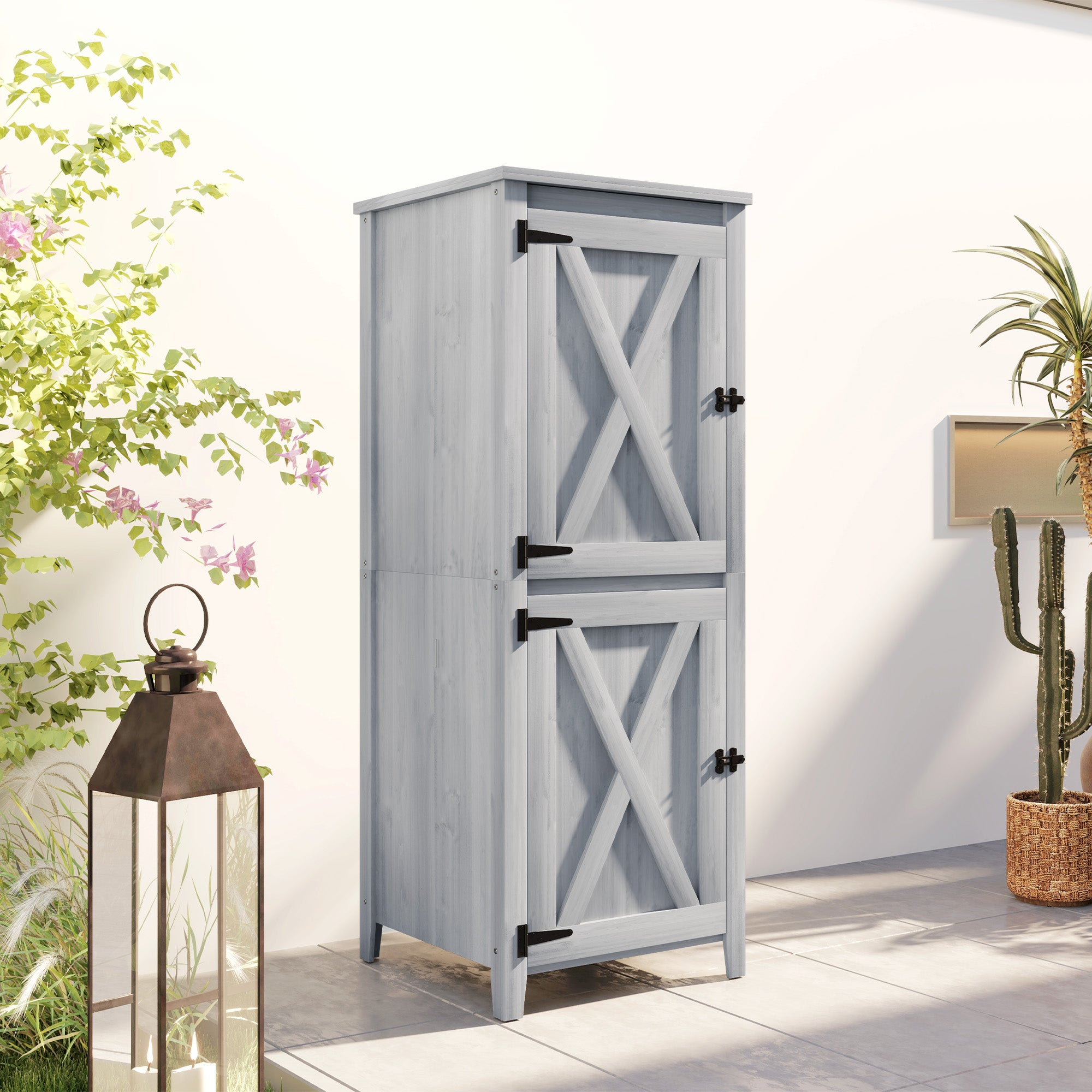 Outsunny Holzschuppen, Kompakter Gartenschuppen für Werkzeug und Gartengeräte mit verschließbaren Türen, Hellgrau