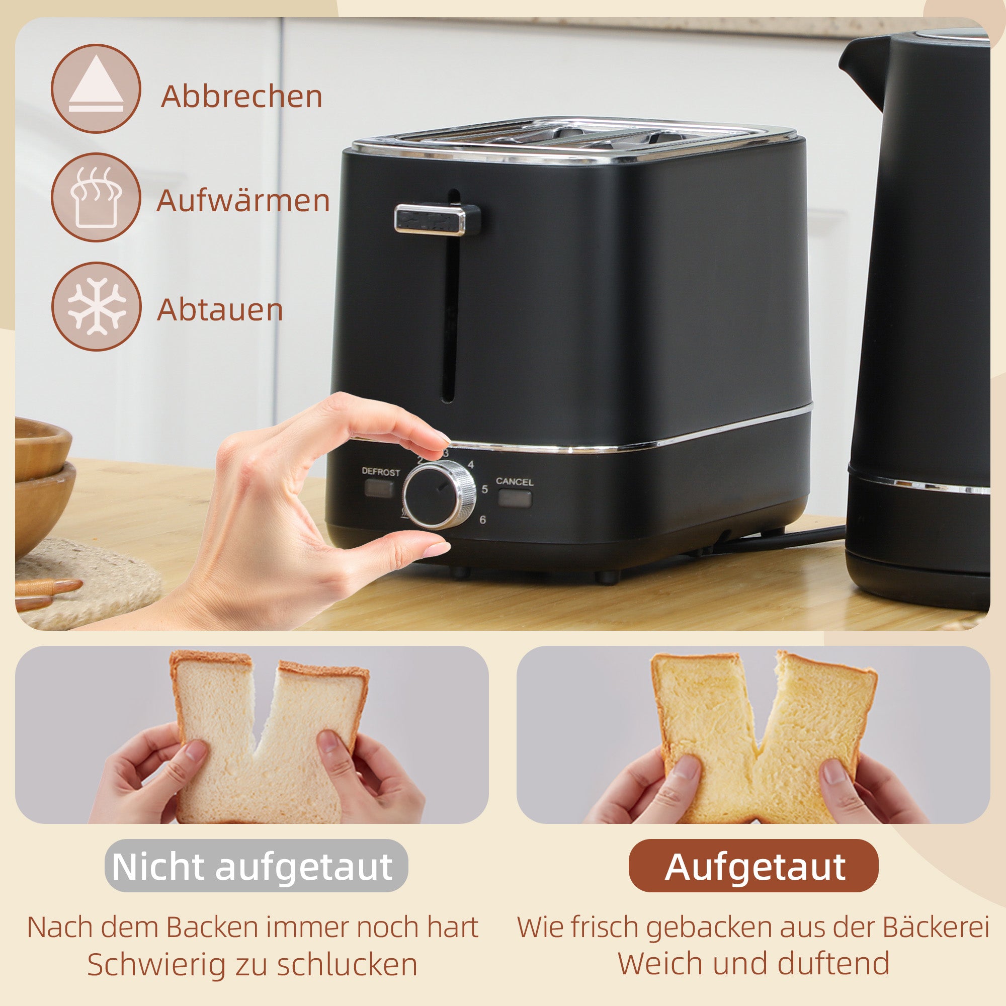 HOMCOM Set aus 1,7 L Wasserkocher und Toaster mit 6 Bräunungsstufen, Schwarz/Stahl