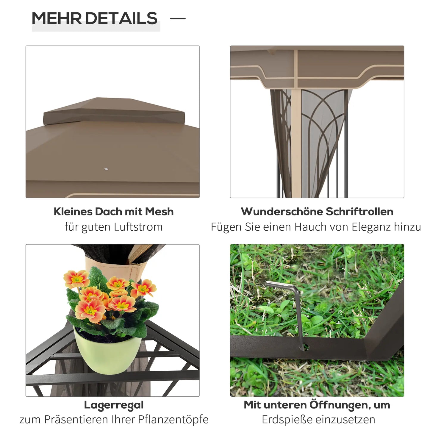 Outsunny Gartenpavillon 3,65 × 3 m mit Doppeldach & Moskitonetz – Braun/Beige