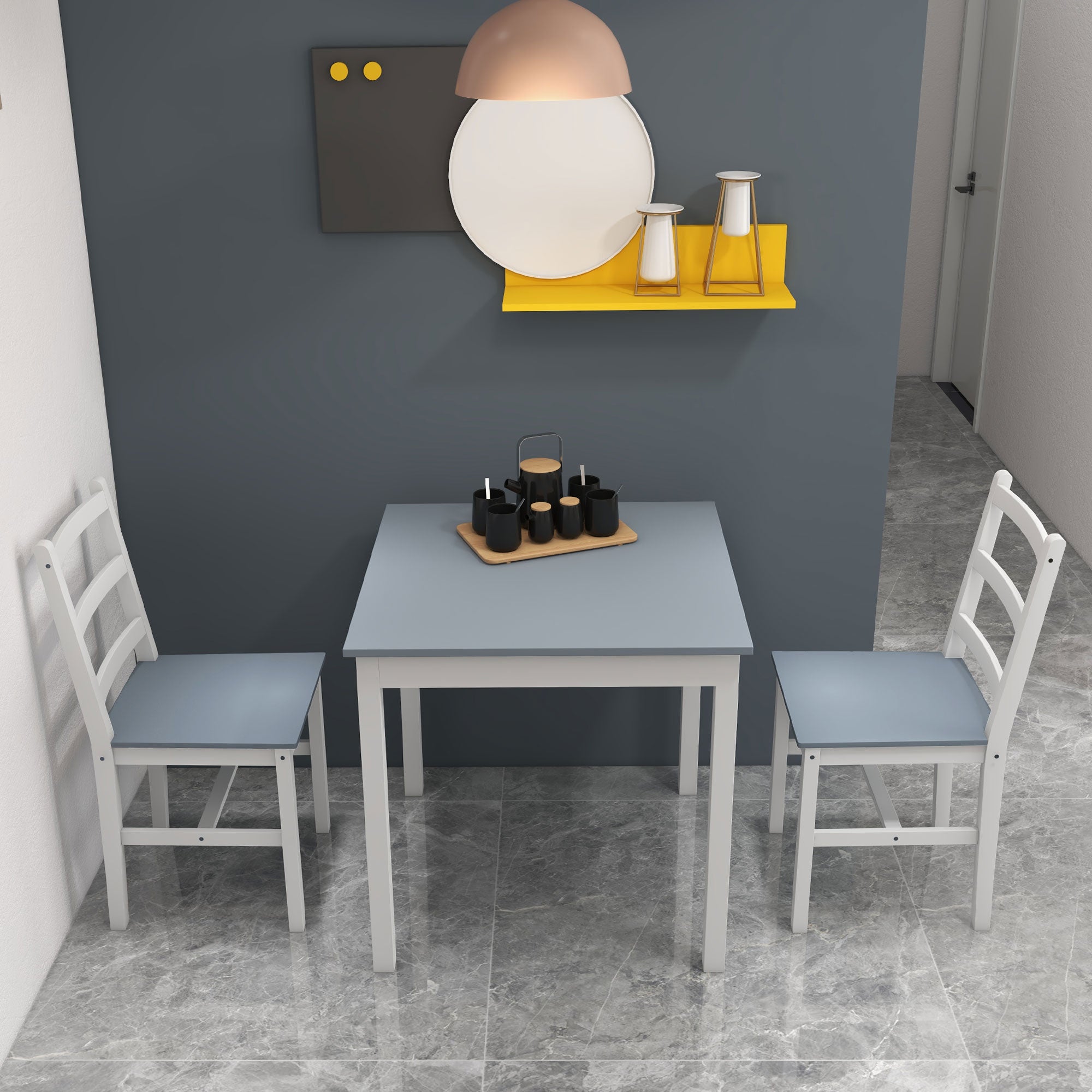 HOMCOM Essgruppe für 2 Personen, 2 Stühle, 1 Tisch, Kiefernholz, Weiß + Grau