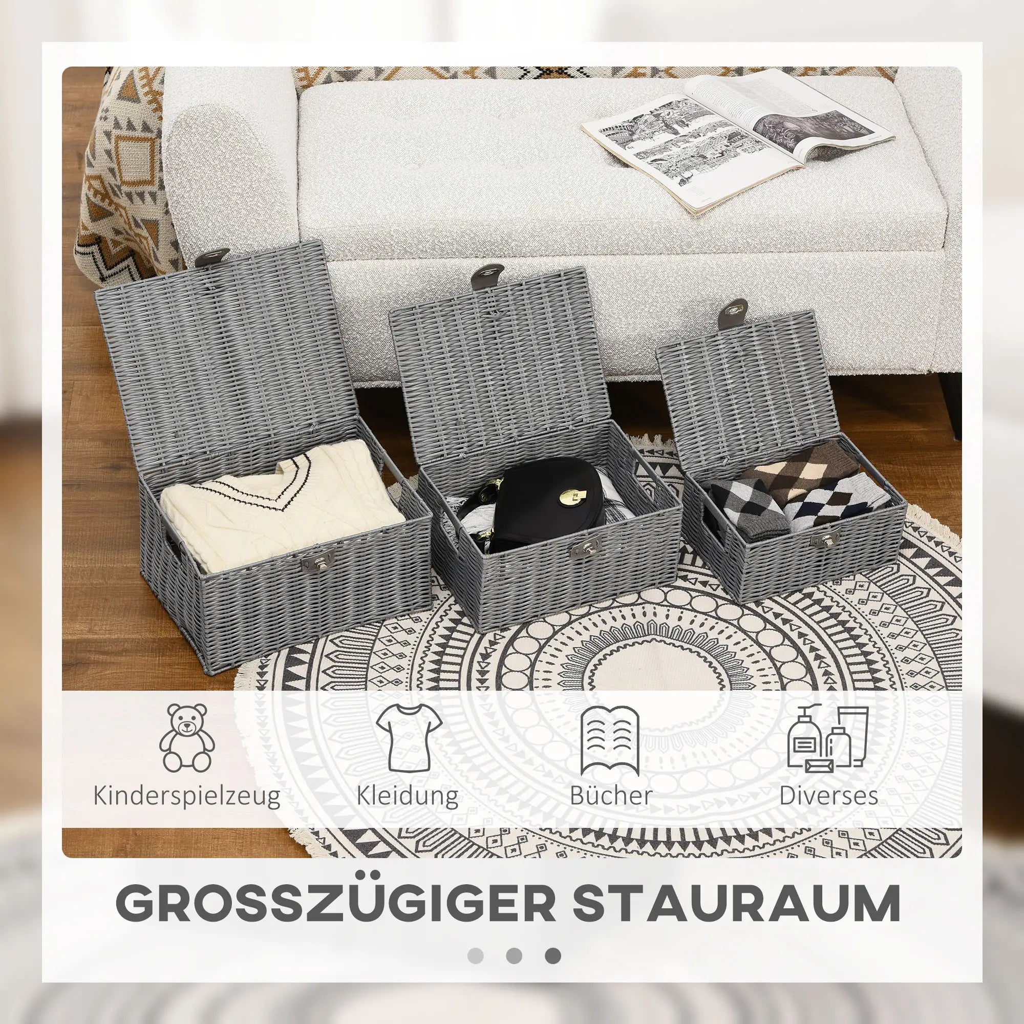 HOMCOM 3er-Set Aufbewahrungskörbe aus PE- Rattan, mit Verschluss, Tragegriffen, 35,5 cm x 28,5 cm x 18 cm, Grau
